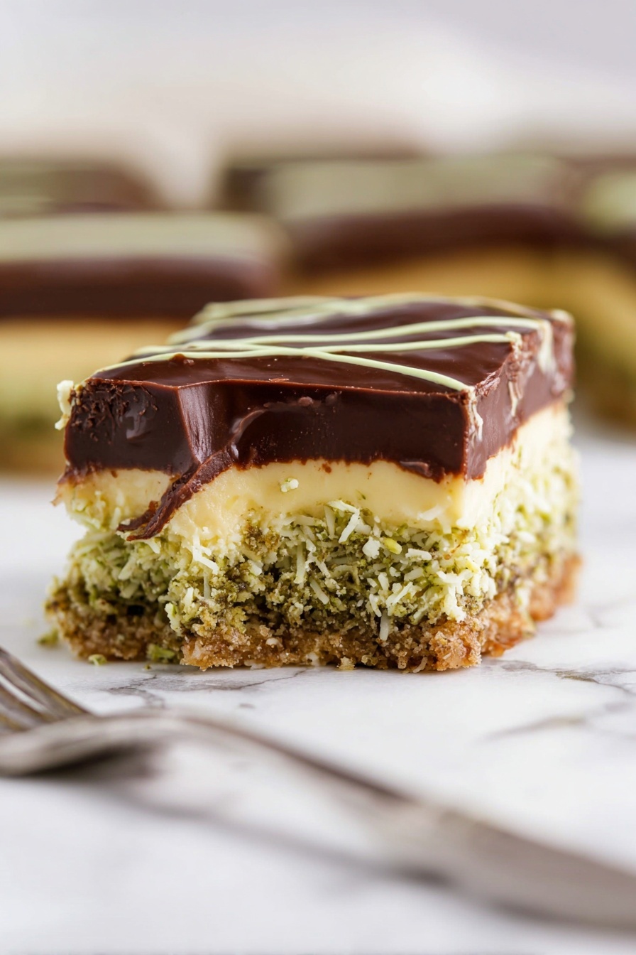The image shows a close-up of a layered dessert with four visible layers, placed on a white marbled surface. The bottom layer is a greenish, crumbly crust that looks rough in texture, topped by a thick, creamy light yellow layer. Above this is another greenish layer with a shredded texture, which appears slightly moist. The top layer is glossy dark brown chocolate, smooth and thick, decorated with thin light green lines. A silver fork is blurred in the foreground, near the dessert, and the background is softly out of focus. Photo taken with an iphone --ar 2:3 --v 7 - Dubai Chocolate Cheesecake Bars, Middle Eastern dessert recipes, pistachio kataifi crust, chocolate cheesecake dessert, easy holiday treat ideas