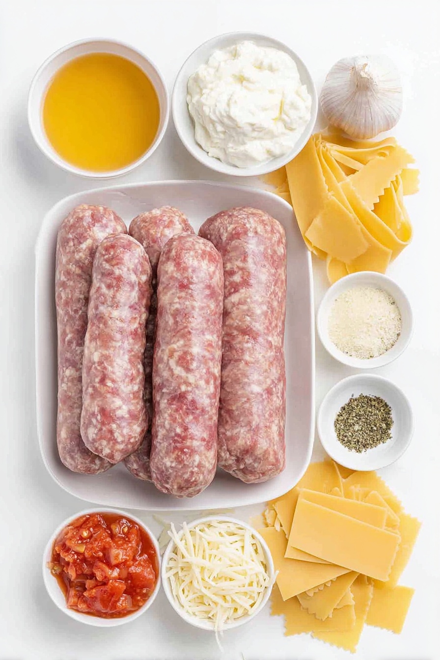 Flat lay of mild Italian sausage links with natural marbling, lean ground beef ball, a small peeled yellow onion, three cloves of fresh garlic, a small mound of vibrant red tomato paste on a white ceramic plate, a simple white bowl of diced fresh tomatoes with juices, a small white bowl filled with clear golden chicken stock, a small white bowl holding mixed dried Italian seasoning herbs, a small white bowl of fine salt crystals, a small white bowl of ground black pepper, several broken pieces of flat, wide lasagna noodles, a small white bowl of thick heavy cream, a dollop of creamy white ricotta cheese on a white plate, a small heap of bright green minced fresh basil, a small pile of finely grated pale yellow parmesan cheese, a small pile of shredded mozzarella cheese, and a single garlic clove placed on the side, all arranged with perfect symmetry and balanced proportions on a clean white marble surface, soft natural light, photo taken with an iPhone, professional food photography style, fresh ingredients, white ceramic bowls, no bottles, no duplicates, no utensils, no packaging --ar 2:3 --v 7 --p m7354615311229779997 - Lasagna Soup with Creamy Basil Ricotta, lasagna soup recipe, quick lasagna soup, healthy lasagna soup, creamy ricotta lasagna soup