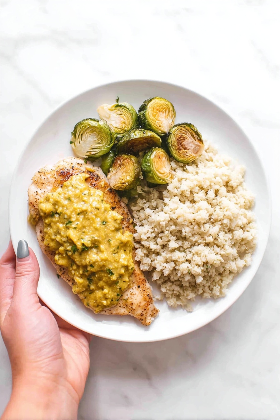 A white plate with three main parts: on the left side, a cooked and lightly browned chicken fillet topped with a thick, textured yellow sauce with bits of green herbs; above it, a group of halved Brussels sprouts showing a golden-brown roasted side and fresh green leaves; on the right side, a pile of light beige cauliflower rice with small grainy pieces. A woman's hand is holding the plate on the left edge against a white marbled surface. photo taken with an iphone --ar 2:3 --v 7 - Jamaican Chicken Sheet Pan, Jamaican Chicken with Mango Salsa, Easy Jamaican Chicken Dinner, Spicy Jerk Chicken Sheet Pan, Mango Salsa Chicken Recipe