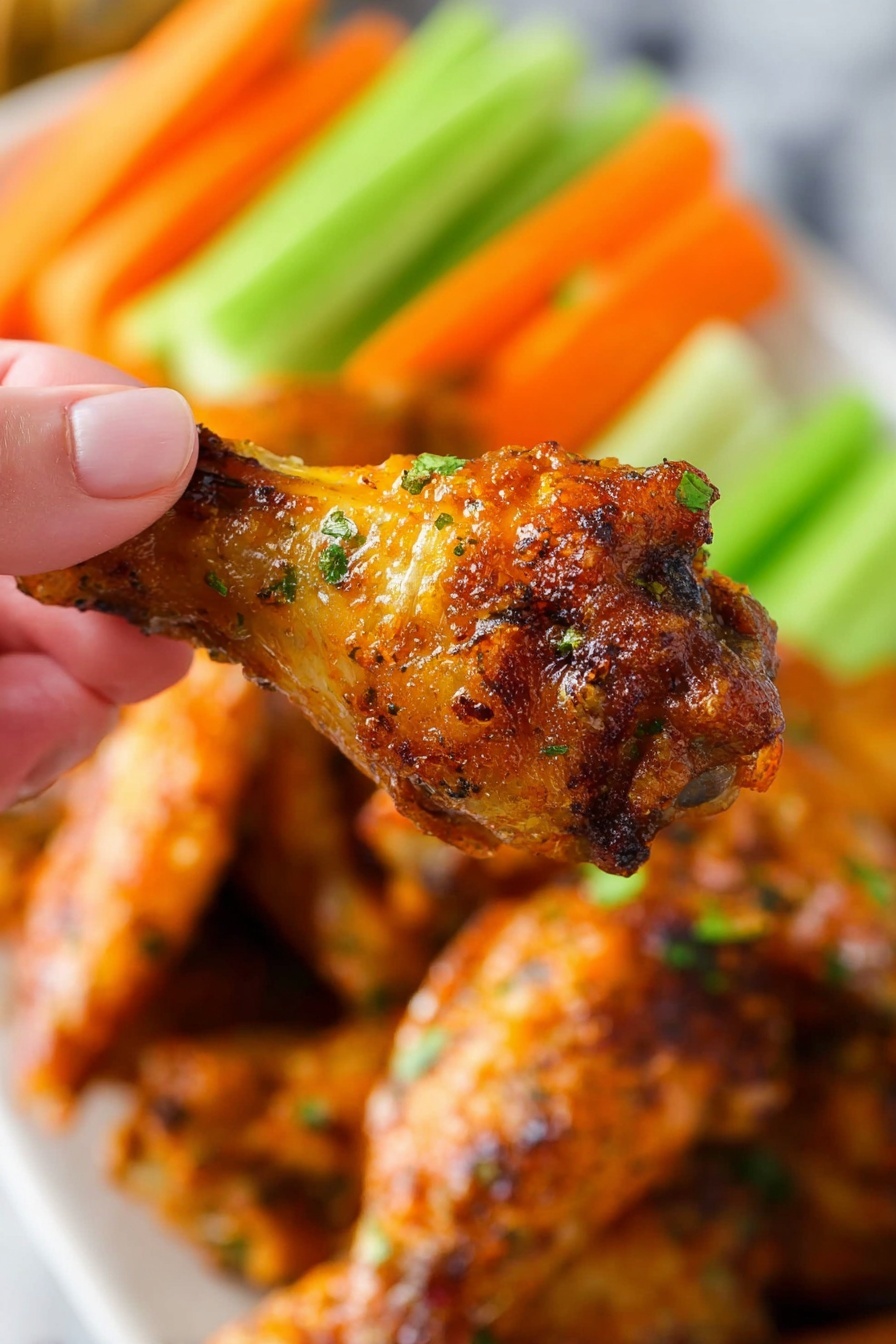 A close-up of a single crispy chicken wing being held by a woman's hand, showing a rich, golden-brown crispy skin with bits of green herbs on the surface. Behind the chicken wing, there is a white plate filled with more golden-brown chicken wings stacked together, and in the background, upright green celery sticks and orange carrot sticks add bright color contrast. The overall look is vibrant with sharp details on the chicken’s texture on a white marbled surface. photo taken with an iphone --ar 2:3 --v 7 - Buffalo Ranch Crockpot Chicken Wings, easy chicken wing recipe, slow cooker chicken wings, baked crispy chicken wings, game day chicken wings