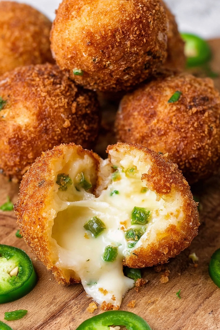The image shows round, golden-brown fried balls with a crispy texture on the outside. One ball is open to reveal a creamy, melted white cheese filling mixed with small, bright green pieces inside. The balls sit on a wooden surface with slices of fresh green jalapeño scattered around. The background is a white marbled texture. photo taken with an iphone --ar 2:3 --v 7 - Copycat Texas Rattlesnake Bites, Texas Roadhouse Rattlesnake Bites, cheesy jalapeno appetizer, spicy cheese bites, homemade rattlesnake bites