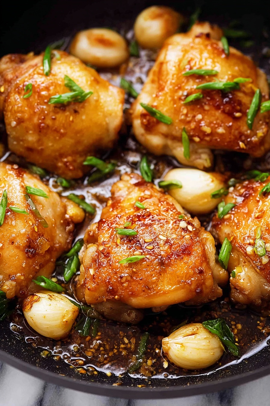 The image shows five golden-brown cooked chicken pieces with a shiny, slightly crispy texture on top, scattered with small green onion slices for garnish. Around the chicken pieces, there are several whole garlic cloves that are light golden and slightly charred. The dish is presented in a black pan with a glossy sauce pooling around the ingredients. The background is a white marbled texture. photo taken with an iphone --ar 2:3 --v 7 - Honey Dijon Chicken Thighs, easy chicken dinner, quick chicken recipes, flavorful chicken thighs, weeknight chicken meal