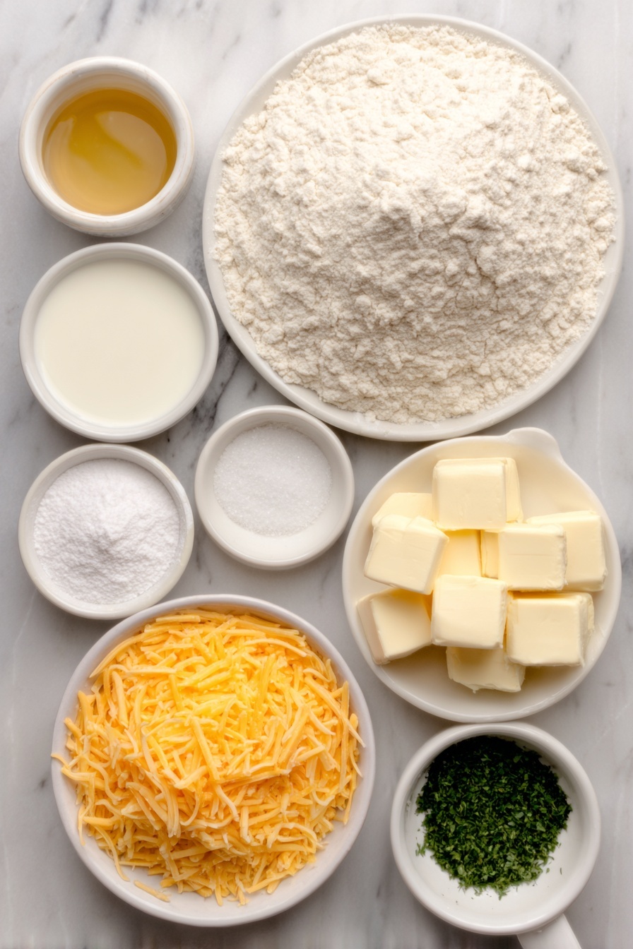 Flat lay of a small mound of all-purpose flour on white ceramic plate, a small white bowl of aluminum-free baking powder, a small white bowl with fine baking soda powder, a small white bowl of garlic powder, a small white bowl of salt crystals, cold unsalted butter cut into cubes arranged neatly on white ceramic dish, a small white bowl filled with cold buttermilk, a small white bowl with golden honey, a small white bowl heaped with freshly shredded orange cheddar cheese, a small white bowl filled with melted unsalted butter, a small white bowl of fresh chopped parsley, placed on a clean white marble surface, soft natural light, photo taken with an iPhone, professional food photography style, fresh ingredients, white ceramic bowls, no bottles, no duplicates, no utensils, no packaging --ar 2:3 --v 7 --p m7354615311229779997 - Cheddar Biscuits, cheesy biscuits, easy biscuit recipe, Homemade cheddar biscuits, flaky cheesy biscuits