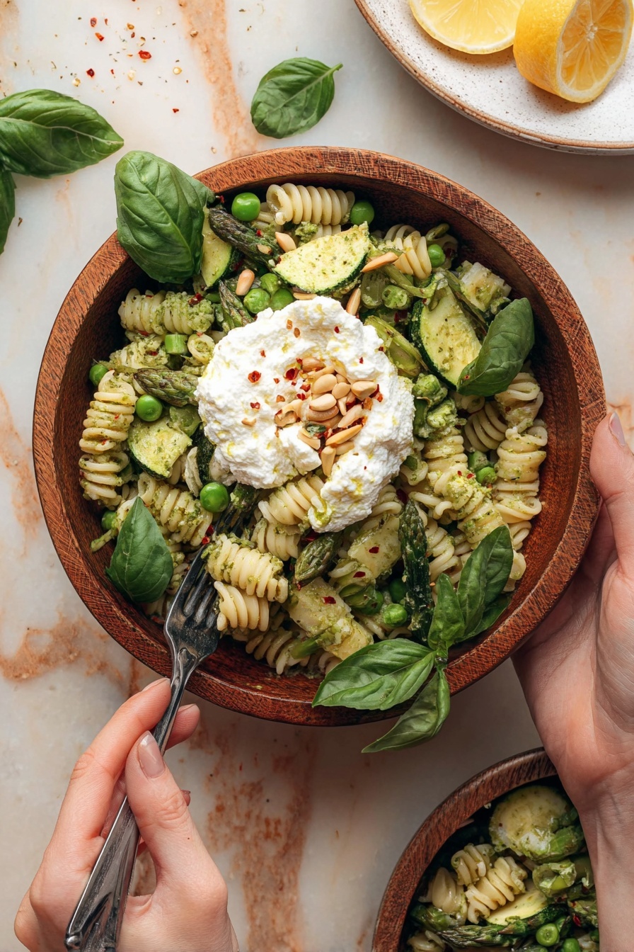 A wooden bowl holds a layered pasta salad with three main layers: the base of light green pesto-coated ridged pasta pieces, mixed with various cuts of green vegetables including peas, chunks of zucchini, and asparagus pieces; in the center, a round dollop of white creamy cheese topped with pine nuts, cracked black pepper, and red pepper flakes; the whole dish garnished with fresh green basil leaves. A woman's hand is holding the bowl from below, while the other woman's hand uses a fork to take a bite, lifting a piece of pasta. The background is a white marbled surface with some scattered basil leaves and a small white plate with lemon slices nearby. photo taken with an iphone --ar 2:3 --v 7 - Green Goddess Pasta Salad, herb pasta salad, healthy summer pasta, avocado pasta salad, quick veggie pasta
