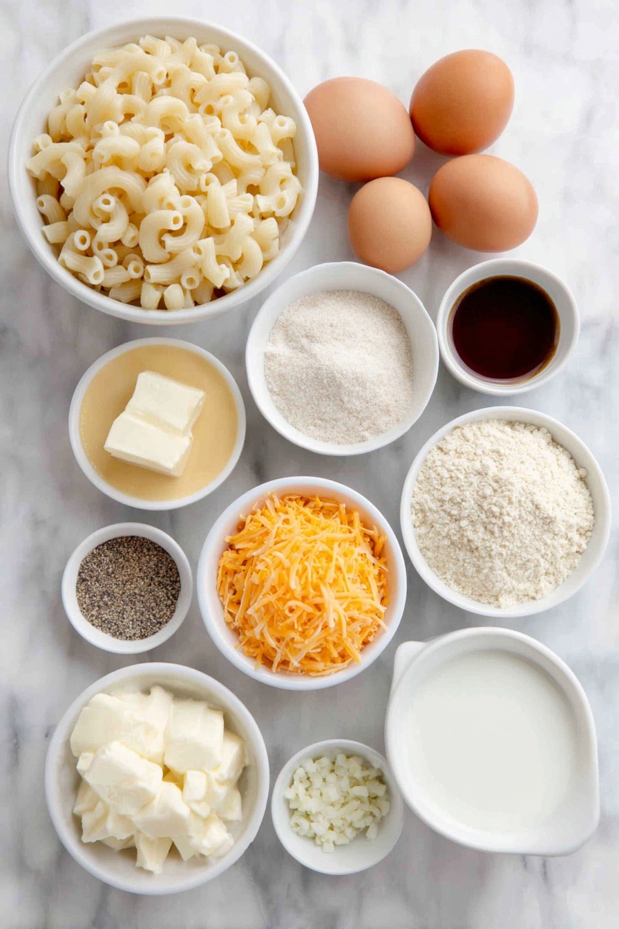 Flat lay of a small mound of uncooked elbow macaroni, three whole uncracked brown eggs, a small pat of fresh butter, a small bowl of smooth cream cheese pieces, a small bowl piled with shredded sharp Irish cheddar cheddar cheese, a small white bowl filled with pale golden panko breadcrumbs, a small white bowl of finely minced fresh parsley, a small white bowl with creamy dijon mustard, a small white bowl of ground black pepper, a small white bowl of fine salt crystals, a small white bowl containing a pale off-white flour powder, a small white bowl of 2% milk, a small white bowl of half and half cream, a small white bowl with dark amber Guinness stout, and a small heap of finely minced fresh garlic cloves, all arranged symmetrically and proportionally on simple white ceramic dishes, placed on a clean white marble surface, soft natural light, photo taken with an iPhone, professional food photography style, fresh ingredients, white ceramic bowls, no bottles, no duplicates, no utensils, no packaging --ar 2:3 --v 7 --p m7354615311229779997 - Guinness Irish Cheddar Mac and Cheese, Irish cheddar mac and cheese, Guinness beer infused mac and cheese, classic Irish cheese pasta, creamy Guinness mac and cheese