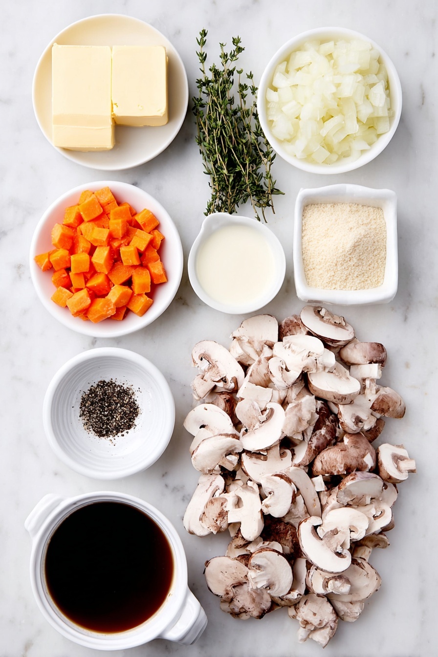 Flat lay of a small pat of unsalted butter, a quarter cup of diced bright orange carrots, half a white onion diced into small pieces, a pile of fresh sliced baby bella mushrooms showing creamy brown caps and white stems, a pinch of dried thyme scattered loosely, a small white bowl filled with rich dark beef broth, a small heap of quick-cooking barley grains, a small white bowl holding smooth all-purpose flour, a small white bowl of creamy 2% milk, a small white bowl of fine white salt, and a small white bowl with freshly ground black pepper placed on a clean white marble surface, soft natural light, photo taken with an iPhone, professional food photography style, fresh ingredients, white ceramic bowls, no bottles, no duplicates, no utensils, no packaging --ar 2:3 --v 7 --p m7354615311229779997 - Creamy Mushroom Barley Soup, Mushroom barley soup, hearty mushroom soup, quick mushroom soup recipe, comforting mushroom soup