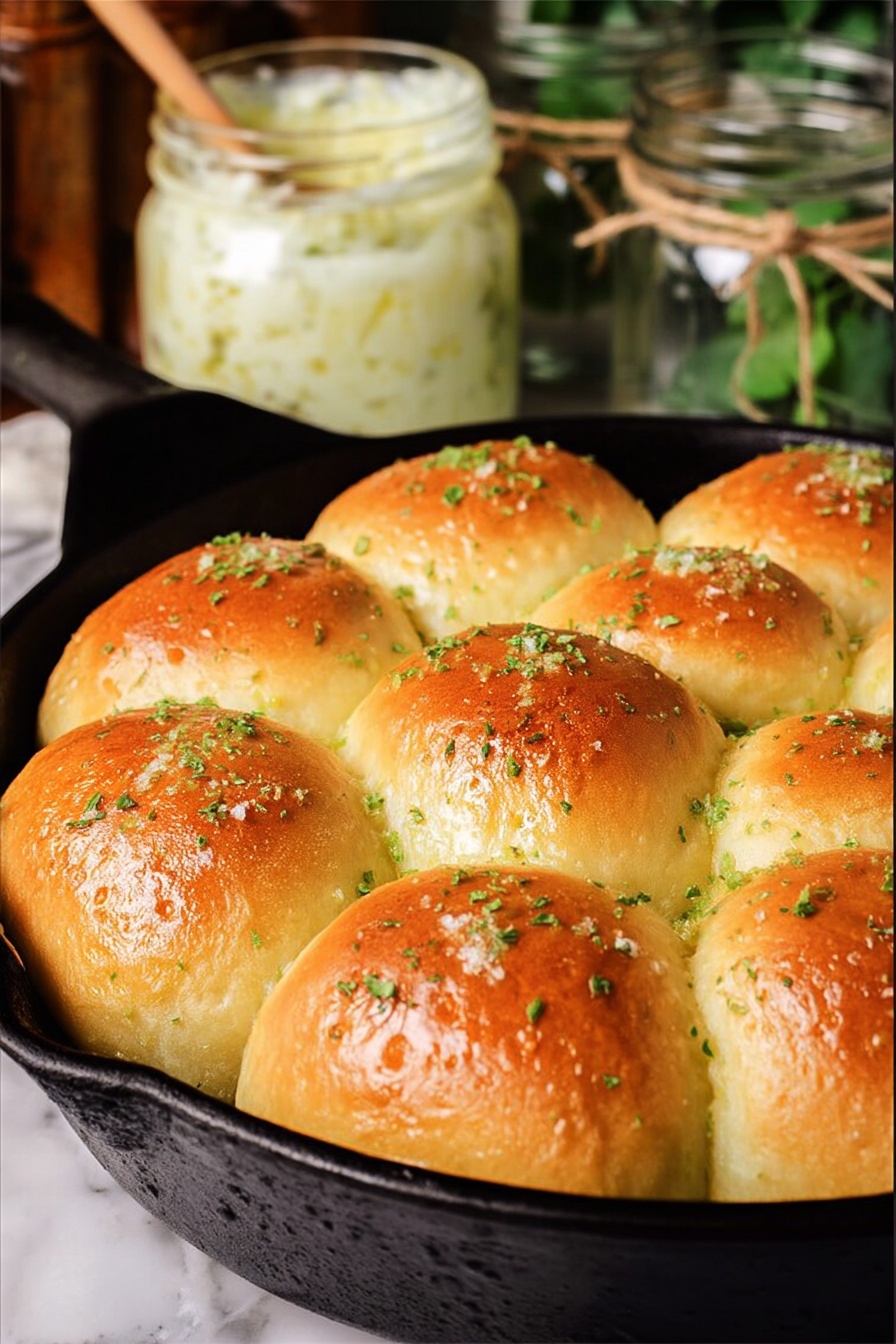 The image shows a close-up of a black cast iron pan filled with a dozen golden brown baked rolls. Each roll is round and shiny with a light sprinkling of green herbs on top, giving a fresh look. The rolls are soft and fluffy with a slightly smooth texture, and they are touching each other like a cluster. In the background, there is a glass jar filled with a creamy white spread with a wooden spoon inside, and a blurred background of green leaves and glass jars with cloth covers tied with string. The whole scene is set on a white marbled surface. photo taken with an iphone --ar 2:3 --v 7 - Herbed Potato Roll, soft potato rolls with herbs, homemade herbed bread rolls, fluffy potato bun recipe, fragrant herb potato bread
