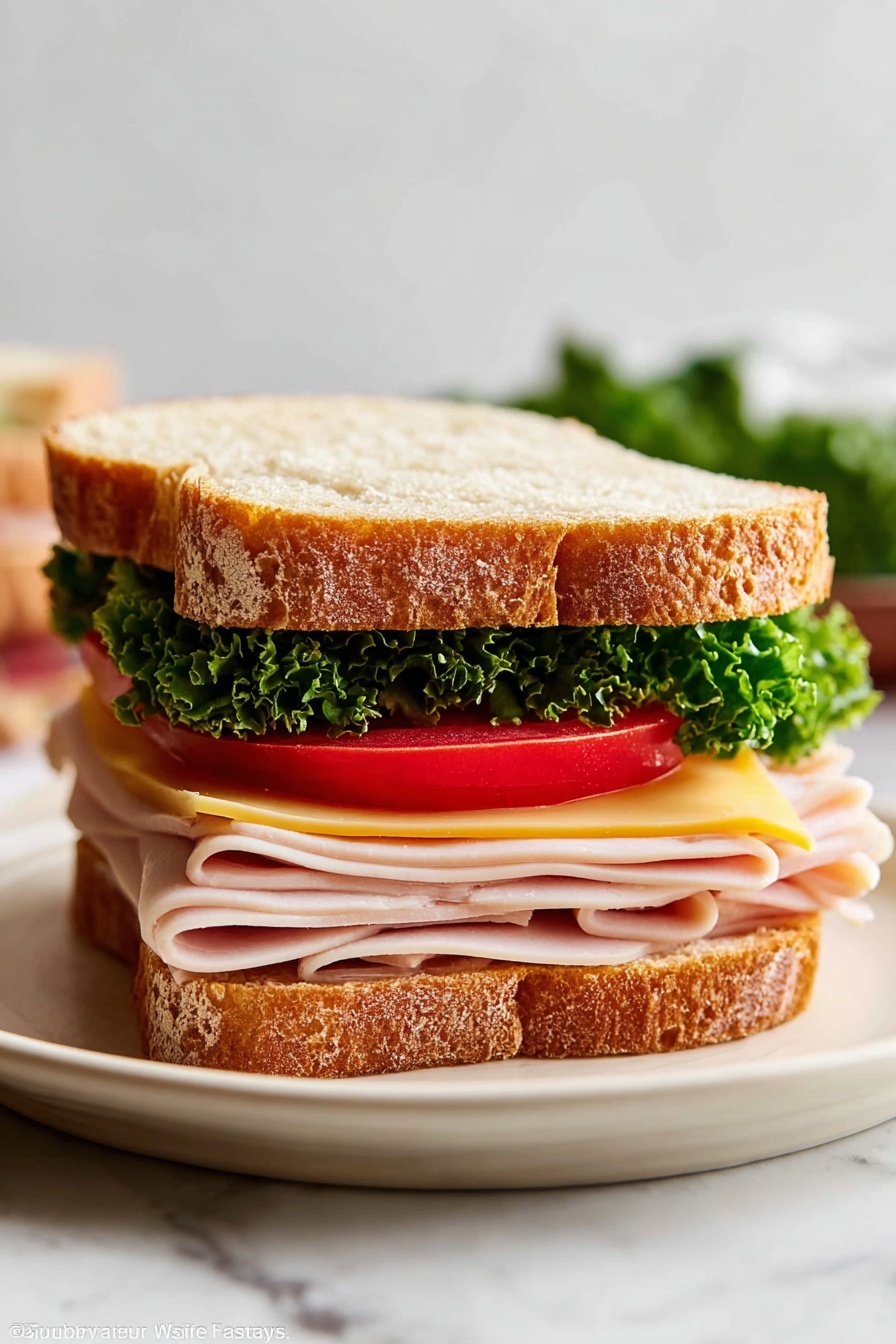 A sandwich on a white plate is shown on a white marbled surface. The sandwich has three layers of bread slices that are light brown with a soft, porous texture. Between the bread, there is a bottom layer of a pale yellow cheese slice, above it several thin folded slices of light pink turkey meat, then a slice of fresh red tomato, and on top, bright green curly lettuce leaves. The sandwich looks fresh and neatly stacked. Photo taken with an iphone --ar 2:3 --v 7 - Whole Wheat Bread, healthy homemade bread, soft whole wheat loaf, easy bread baking, nutritious bread recipe