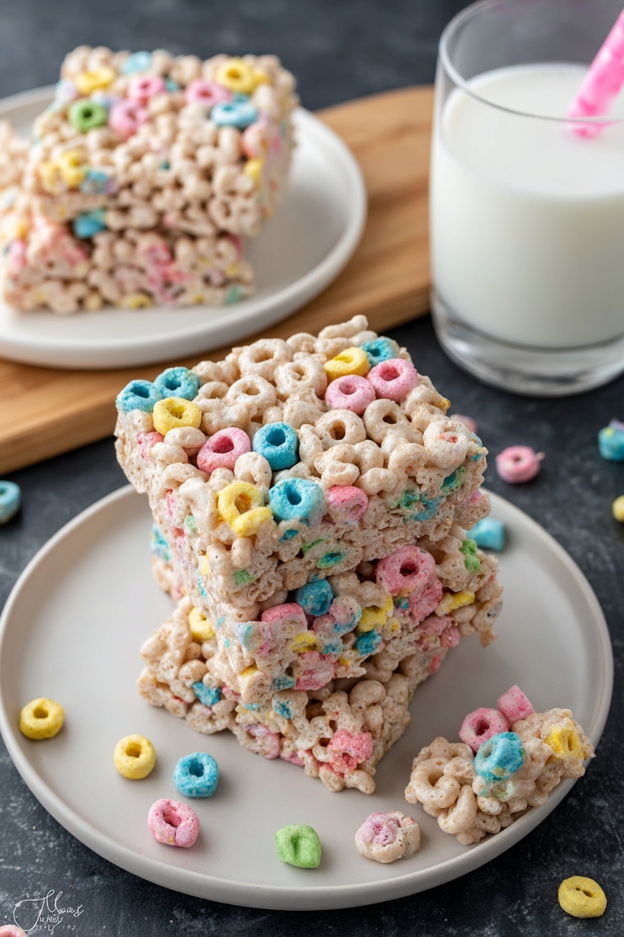 A close-up view of a stack of three square cereal treats on a white plate, each treat made of light beige cereal loops mixed with colorful marshmallow pieces in blue, pink, yellow, and green. The cereal treats have a slightly shiny, sticky texture holding the pieces together. Nearby on the bottom right of the plate, a small piece of cereal treat is separated. In the background, there is another white plate with a single cereal treat piece and scattered colorful cereal bits around it. To the upper right, a glass of white milk with a pink straw sits on a wooden board. The entire scene is set on a white marbled textured surface. photo taken with an iphone --ar 2:3 --v 7 - Lucky Charms Marshmallow Treats, colorful cereal snack, easy marshmallow treats, kid-friendly dessert, festive candy bar