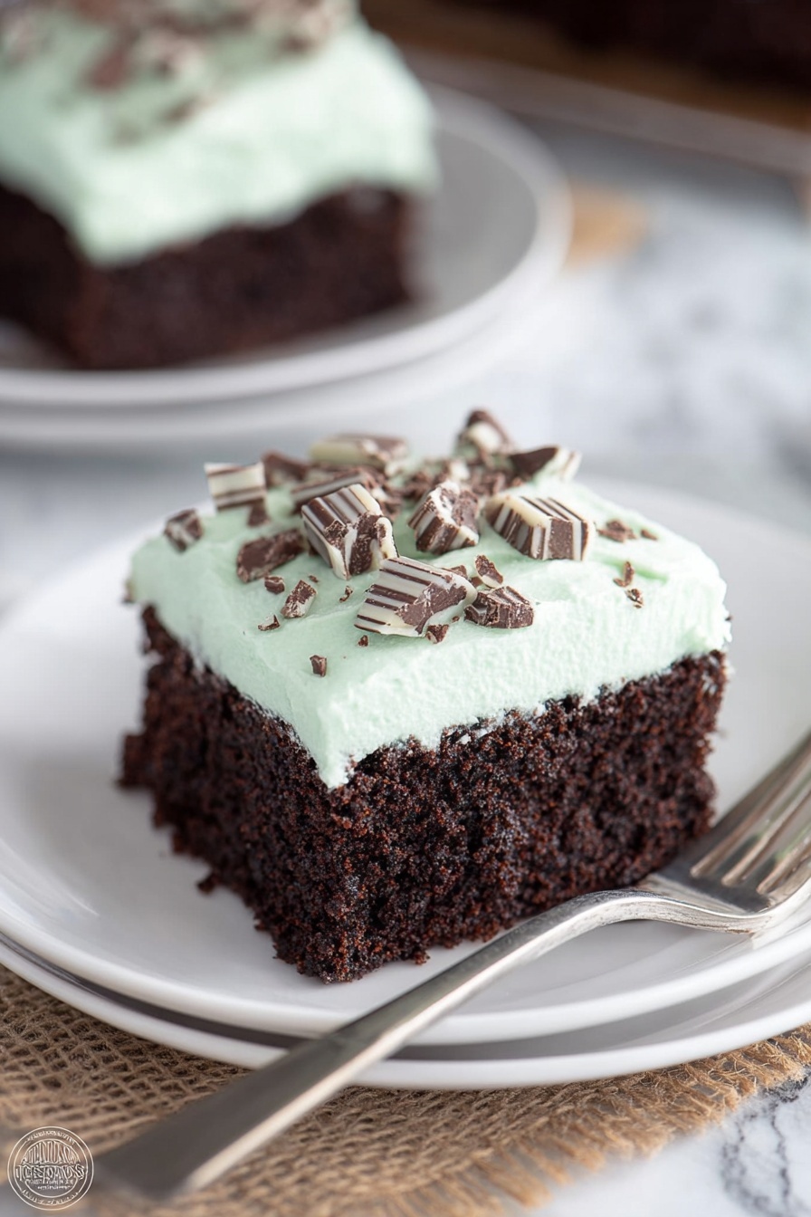 A square piece of dark brown chocolate cake with a soft, porous texture sits on a white plate. On top, there is a thick layer of light mint green frosting that looks creamy and smooth. Small pieces of chocolate candy, striped with dark brown and white, are scattered over the frosting. Next to the cake on the plate, there is a silver fork with a simple design. In the background, another similar cake piece is slightly blurred, also on a white plate. The surface under the plate is a white marbled texture with a coarse woven mat partly underneath the plate. Photo taken with an iphone --ar 2:3 --v 7 - Mint Chocolate Poke Cake, mint chocolate dessert, easy poke cake, chocolate mint cake, no-bake mint cake