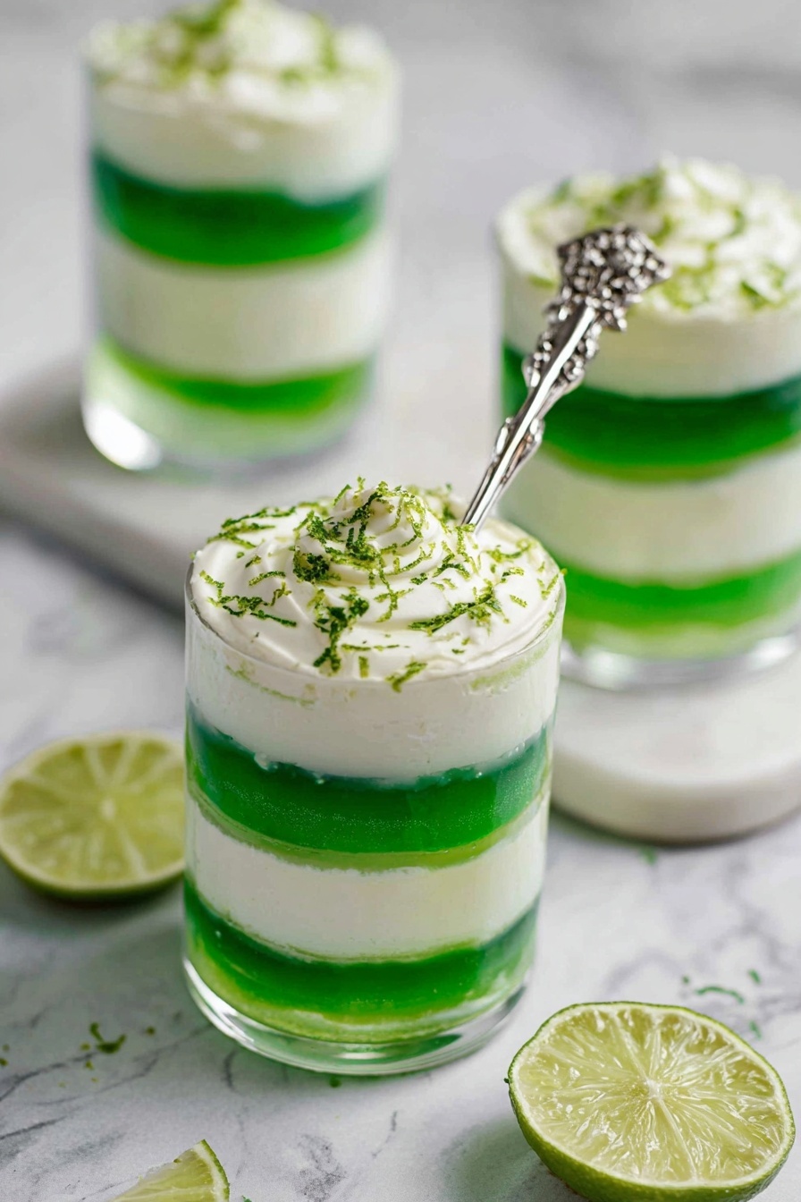 The image shows three clear glass cups with a layered dessert, each cup having four layers alternating green jelly and white cream. The bottom layer is green jelly, followed by a thick white cream layer, then another green jelly layer, and topped with a thick white cream layer decorated with grated green zest. One cup is in front with a shiny silver spoon featuring a decorative handle inserted into the dessert, and the background has two more cups of the same dessert slightly out of focus. The cups are placed on a white marbled surface with halves of a lime beside them, soft natural light highlighting the fresh and cool colors. Photo taken with an iphone --ar 2:3 --v 7 - Green Jello Parfait, Lime Green Jello Dessert, Festive Jello Parfait, Easy Jello Parfait, St. Patrick's Day Dessert