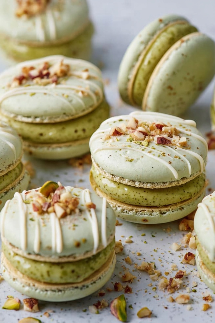 The image shows several light green macarons with two smooth, round shells sandwiching a thick, green filling. Each macaron has white icing lines drizzled on top, decorated with small pieces of chopped nuts, adding texture and color contrast. The macarons rest on a white marbled surface scattered with crumbs and small nut pieces. The shells have a slightly speckled appearance, giving them a natural look, and the filling looks smooth and creamy. Photo taken with an iphone --ar 2:3 --v 7 - Pistachio Macarons with White Chocolate Filling, pistachio macaron recipe, how to make pistachio macarons, white chocolate pistachio dessert, homemade pistachio macarons