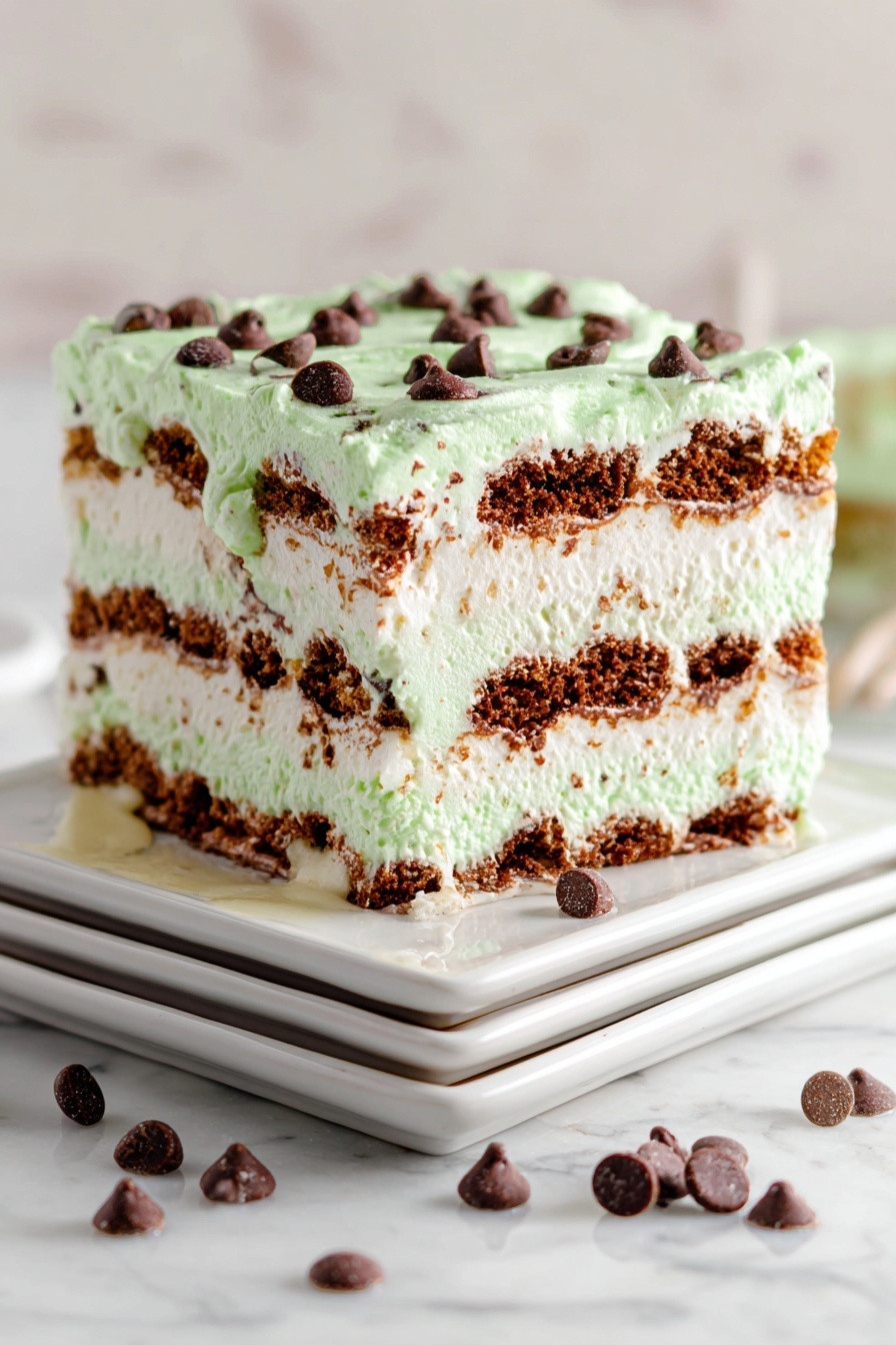 The image shows a square slice of layered dessert on a stack of white square plates with a white marbled surface below. The dessert has four thick layers alternating between light green creamy frosting and white creamy filling, separated by thin chocolate cake layers. The top layer is light green frosting decorated with small dollops of chocolate chips. Some creamy filling is slightly melting and oozing between layers, and a few chocolate chips are scattered around the plates. The background is soft and blurred, highlighting the dessert. Photo taken with an iphone --ar 2:3 --v 7 - Mint Chocolate Ice Cream Sandwich Cake, easy ice cream cake recipes, no-bake summer desserts, mint chocolate dessert ideas, crowd-pleasing ice cream cakes