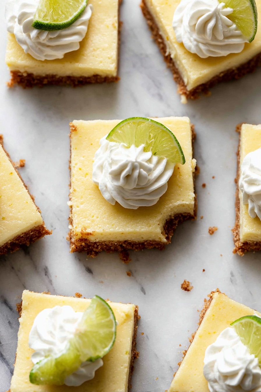 The image shows several square key lime dessert bars arranged on a white marbled surface. Each bar has three layers: a thin crumbly light brown crust at the bottom, a thick pale yellow creamy filling in the middle, and a small topping on each square. The toppings are a swirl of white whipped cream and a thin slice of lime placed beside it. One piece in the center has a bite taken out, revealing the smooth creamy layer over the crumbly base. The overall look is fresh and neat, with the bars evenly spaced. photo taken with an iphone --ar 2:3 --v 7 - Key Lime Pie Bars, easy key lime dessert, no-bake lime bars, refreshing citrus treat, summer dessert recipes