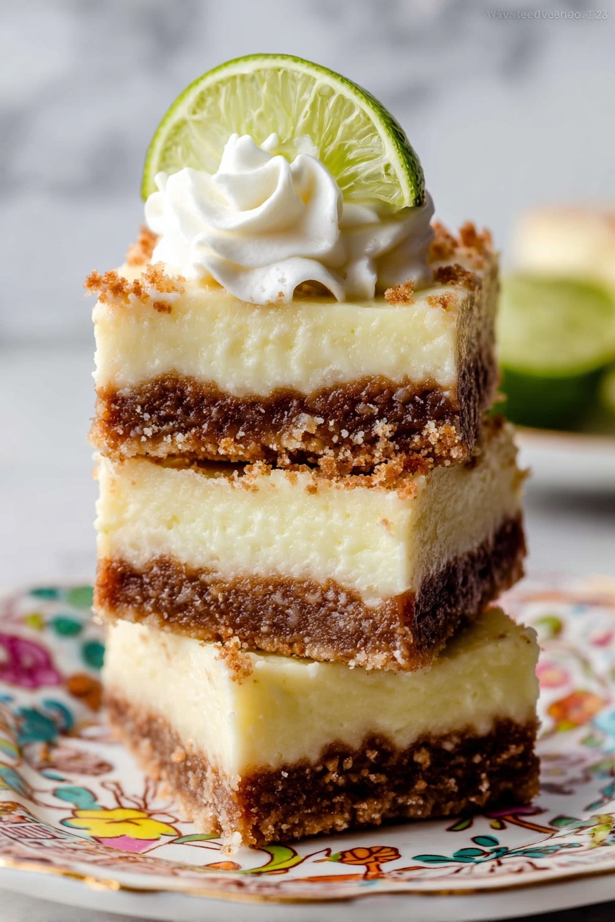 A stack of three square dessert bars with thick creamy yellow filling and a darker crumbly brown base, placed on a white plate with colorful floral patterns. The top bar is decorated with a swirl of white whipped cream and a small green lime slice. The dessert bars show a fine crumb texture on the filling and base. The background is a white marbled texture. photo taken with an iphone --ar 2:3 --v 7 - Key Lime Pie Bars, easy key lime dessert, no-bake lime bars, refreshing citrus treat, summer dessert recipes