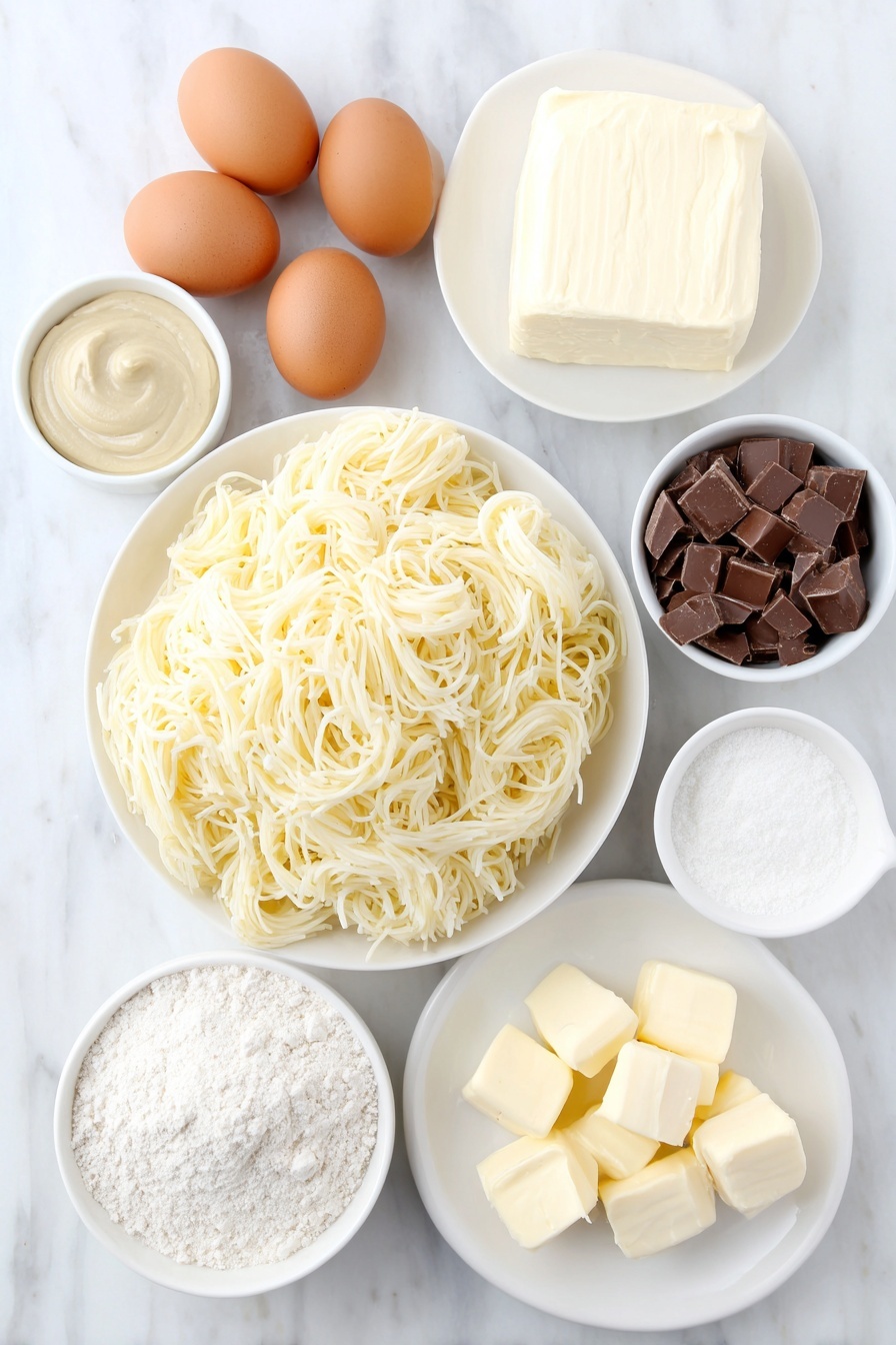Flat lay of shredded kataifi dough in a small white ceramic bowl, a few pats of unsalted butter on a white plate, a small white bowl filled with smooth pistachio cream, a small white bowl with creamy tahini, a block of cream cheese resting on a white plate, granulated sugar in a small white bowl, sour cream in a small white bowl, a small white bowl holding vanilla extract, a small white bowl with a pinch of salt, three whole brown eggs with clean shells, semi-sweet chocolate chunks on a white plate, and a small white bowl of heavy cream, arranged symmetrically and balanced, all fresh and natural looking, placed on a clean white marble surface, soft natural light, photo taken with an iPhone, professional food photography style, fresh ingredients, white ceramic bowls, no bottles, no duplicates, no utensils, no packaging --ar 2:3 --v 7 --p m7354615311229779997 - Dubai Chocolate Cheesecake Bars, Middle Eastern dessert recipes, pistachio kataifi crust, chocolate cheesecake dessert, easy holiday treat ideas
