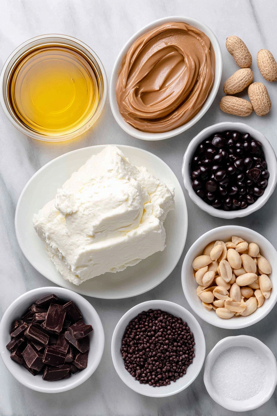 Flat lay of a small mound of fresh white cottage cheese on a simple white ceramic plate, a tablespoon of smooth natural peanut butter shaped into a neat dollop on a white ceramic dish, a small white bowl holding rich dark brown cocoa powder, another small white bowl containing golden maple syrup with a hint of amber glow, a few whole light brown peanuts scattered beside a small white plate with chopped peanuts, a teaspoon of transparent vanilla extract in a white ceramic bowl, a dash of fine white salt delicately piled on a tiny white dish, a small white bowl filled with shiny dark chocolate chips, and a tiny pile of glossy chocolate sprinkles arranged artfully—all ingredients fresh and natural, perfectly balanced in symmetry, placed on a clean white marble surface, soft natural light, photo taken with an iPhone, professional food photography style, fresh ingredients, white ceramic bowls, no bottles, no duplicates, no utensils, no packaging --ar 2:3 --v 7 --p m7354615311229779997 - Chocolate Peanut Butter Cottage Cheese Ice Cream Bars, healthy ice cream bars, protein-packed dessert, easy homemade ice cream, no-churn frozen treat