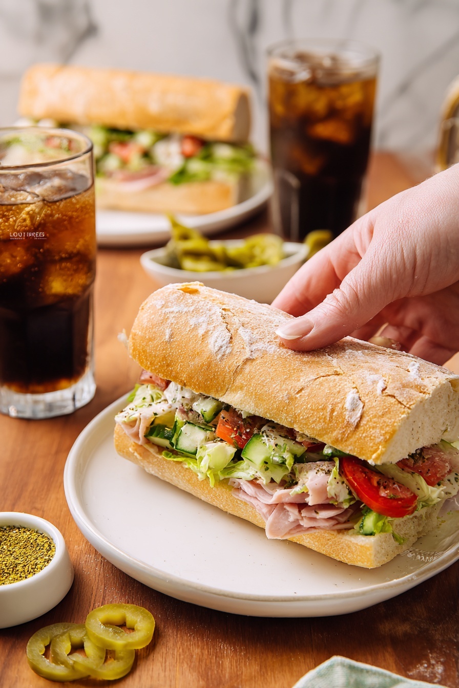 A white plate holds a sandwich with three layers: the bottom layer is a light brown crusty bread roll, the middle layer is filled with chopped lettuce, green cucumber slices, pink diced meat, and red tomato pieces, and the top layer is the matching bread roll top dusted with flour. A woman's hand is picking up the sandwich from the right side of the plate. In the foreground, there is a glass of iced dark soda with foam on top, and a few light green sliced peppers scattered on the wooden table. In the background, another sandwich is on a white plate, along with a glass of dark soda and a small white dish of yellowish-green seasoning. The scene is set against a white marbled surface. photo taken with an iphone --ar 2:3 --v 7 - Italian Chopped Sandwich with Pesto, Italian sandwich recipe, pesto sandwich, deli meat sandwich, easy lunch sandwich