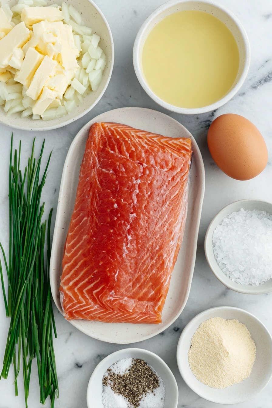 Flat lay of a fresh pink salmon fillet skin removed, a small mound of finely ground almond flour on a white ceramic plate, a single large brown egg with clean shell, half a medium yellow onion chopped on a simple white ceramic dish, a few bright green fresh chive sprigs neatly arranged on a white plate, a small white ceramic bowl filled with freshly squeezed pale yellow lemon juice, another small white bowl containing light beige garlic powder, a little pile of coarse kosher salt crystals on white ceramic, and a small heap of ground black pepper on a white dish, all arranged symmetrically in realistic proportions, placed on a clean white marble surface, soft natural light, photo taken with an iPhone, professional food photography style, fresh ingredients, white ceramic bowls, no bottles, no duplicates, no utensils, no packaging --ar 2:3 --v 7 --p m7354615311229779997 - Air Fryer Salmon Patties, healthy salmon patties, quick salmon recipes, crispy salmon cakes, gluten-free salmon patties