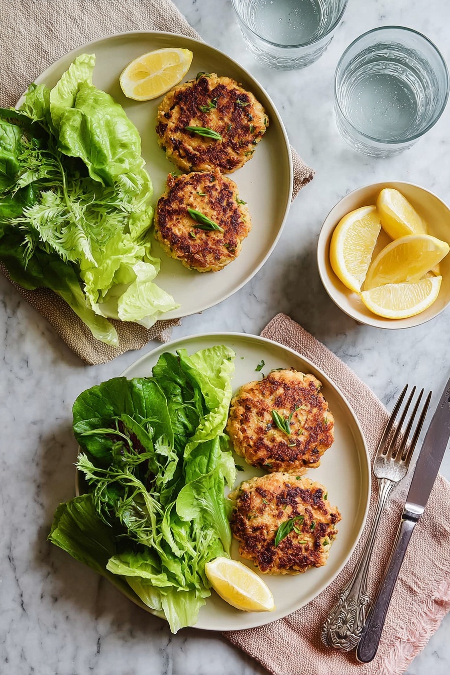 Two white plates each have two golden-brown patties with a slightly crispy texture and small green herbs on top, placed on the right side of the plate. On the left side is a pile of fresh green leafy lettuce with slightly ruffled edges, and two lemon wedges sit next to the leaves. Each plate is on a beige cloth napkin. Nearby, a small white bowl holds several lemon wedges. Two clear glasses of water are present on a white marbled surface, along with a silver fork and a silver knife with patterned handles. photo taken with an iphone --ar 2:3 --v 7 - Air Fryer Salmon Patties, healthy salmon patties, quick salmon recipes, crispy salmon cakes, gluten-free salmon patties