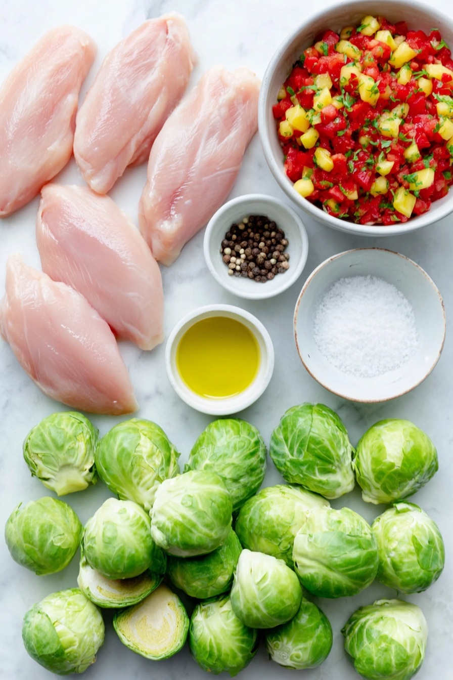 Flat lay of fresh halved brussels sprouts, six raw chicken breasts with a light sprinkle of Jamaican jerk seasoning, a small white ceramic bowl of golden olive oil, a small white ceramic bowl of fine salt, a small white ceramic bowl of cracked black peppercorns, and a small white ceramic bowl filled with vibrant homemade mango salsa with chunks of mango and herbs, all arranged in perfect symmetry on a clean white marble surface, soft natural light, photo taken with an iPhone, professional food photography style, fresh ingredients, white ceramic bowls, no bottles, no duplicates, no utensils, no packaging --ar 2:3 --v 7 --p m7354615311229779997 - Jamaican Chicken Sheet Pan, Jamaican Chicken with Mango Salsa, Easy Jamaican Chicken Dinner, Spicy Jerk Chicken Sheet Pan, Mango Salsa Chicken Recipe