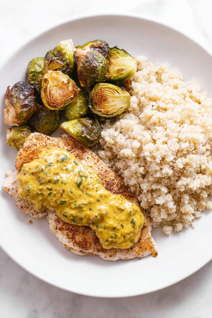 A white plate holds a meal with three parts: at the bottom left is a piece of cooked chicken with a brown, slightly crispy texture, topped with a thick, yellow sauce speckled with green herbs, laid in a narrow strip down the center; at the top left are several roasted Brussels sprouts, some whole and some cut in half, showing a mix of green and browned surfaces; on the right side is a light beige grain, resembling cooked cauliflower rice, with a fluffy and slightly crumbly texture. The plate is placed on a white marbled surface. photo taken with an iphone --ar 2:3 --v 7 - Jamaican Chicken Sheet Pan, Jamaican Chicken with Mango Salsa, Easy Jamaican Chicken Dinner, Spicy Jerk Chicken Sheet Pan, Mango Salsa Chicken Recipe