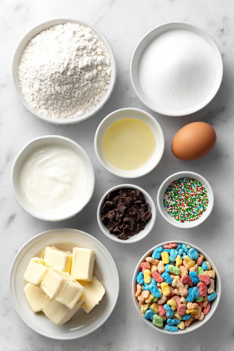 Flat lay of a small mound of all purpose flour, a heap of white baking powder powder, a small pile of granulated sugar, a small white bowl filled with whole milk, a single whole uncracked brown egg, a small white bowl with melted salted butter, a small white bowl containing clear vanilla extract, a white ceramic bowl overflowing with colorful Lucky Charms marshmallow cereal pieces, a small white bowl with white chocolate baking chips, and a tiny cluster of green sprinkles, all arranged symmetrically on a clean white marble surface, soft natural light, photo taken with an iPhone, professional food photography style, fresh ingredients, white ceramic bowls, no bottles, no duplicates, no utensils, no packaging --ar 2:3 --v 7 --p m7354615311229779997 - Lucky Charms Pancakes with White Chocolate, colorful breakfast ideas, fun breakfast recipes, kids friendly pancake recipes, sweet breakfast treats