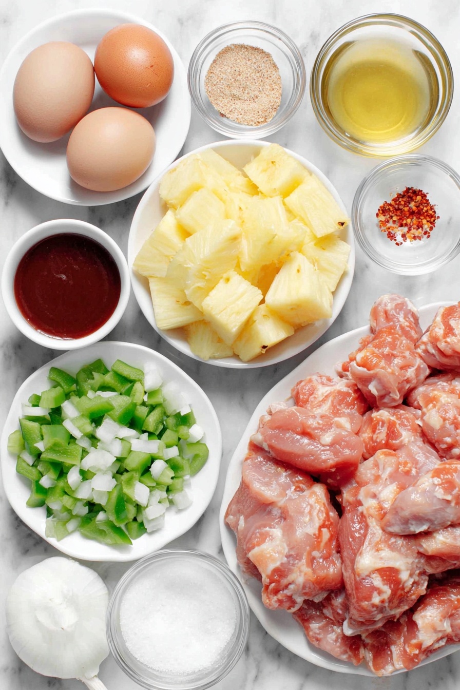 Flat lay of fresh pineapple chunks in a simple white ceramic bowl, two whole uncracked brown eggs, a medium diced white onion on a white ceramic plate, large diced green bell pepper pieces on a white ceramic plate, large diced red bell pepper pieces on a white ceramic plate, bite-size raw boneless skinless chicken thighs arranged naturally on a white ceramic plate, two whole garlic cloves with their skins on, a small white ceramic bowl of light brown granulated brown sugar, a small white ceramic bowl of dark reddish ketchup, a small white ceramic bowl of pale yellow apple cider vinegar, a small white ceramic bowl of light golden vegetable oil, a small white ceramic bowl of clear water, a small white ceramic bowl of pale yellow pineapple juice, a small white ceramic bowl of light brown low sodium soy sauce, a small white ceramic bowl of fine white cornstarch, a pinch of bright red crushed red pepper flakes delicately placed on a white ceramic spoon-shaped dish (substitute without utensils: a very small white ceramic bowl with a tiny heap), all ingredients fresh and natural, perfectly arranged with balance and symmetry, placed on a clean white marble surface, soft natural light, photo taken with an iPhone, professional food photography style, fresh ingredients, white ceramic bowls, no bottles, no duplicates, no utensils, no packaging --ar 2:3 --v 7 --p m7354615311229779997 - Easy Sweet and Sour Chicken, sweet and sour chicken recipe, quick chicken dinner, healthy sweet and sour chicken, flavorful chicken recipes