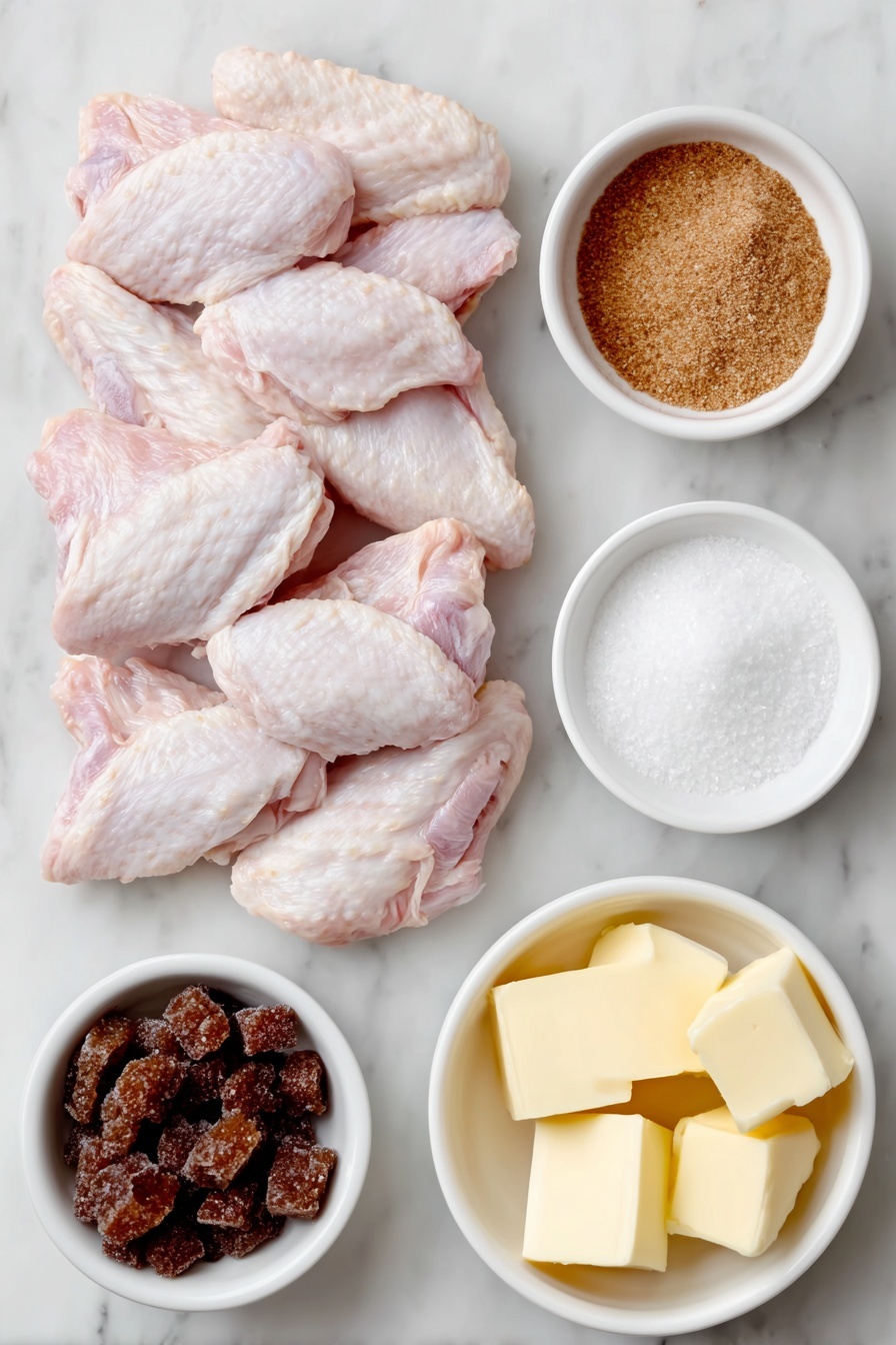 Flat lay of fresh raw chicken wings arranged neatly beside a small white ceramic bowl filled with bright orange buffalo wing sauce, another small white bowl containing light brown ranch seasoning powder, a few cubes of yellow butter placed directly on the white surface, and a small white bowl holding dark golden brown sugar crystals, all placed on a clean white marble surface, soft natural light, photo taken with an iPhone, professional food photography style, fresh ingredients, white ceramic bowls, no bottles, no duplicates, no utensils, no packaging --ar 2:3 --v 7 --p m7354615311229779997 - Buffalo Ranch Crockpot Chicken Wings, easy chicken wing recipe, slow cooker chicken wings, baked crispy chicken wings, game day chicken wings