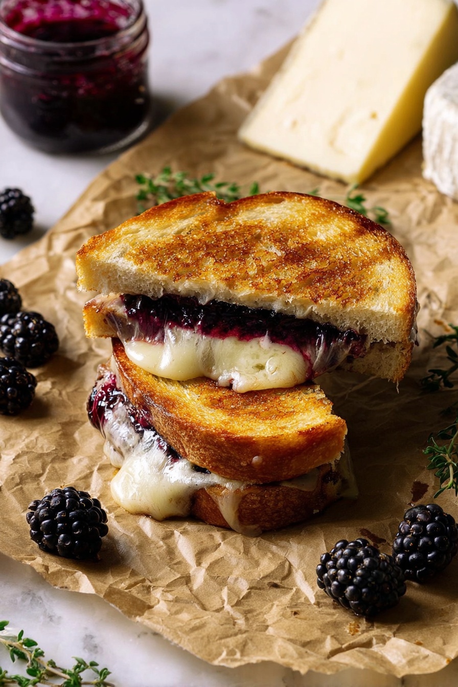 The image shows a grilled sandwich cut into two halves placed on crumpled brown paper. The sandwich has two golden brown toasted bread slices with a shiny, crisp texture. Inside, there is a thick layer of melted creamy white cheese and a dark purple berry jam, with the cheese slightly oozing out from the sides. Around the sandwich, there are fresh blackberries and small sprigs of green herbs scattered. In the background, two wedges of soft, white-rinded cheese and a jar of berry jam sit on the same brown paper. The surface underneath is a white marbled texture. photo taken with an iphone --ar 2:3 --v 7 - Blackberry Balsamic Brie Grilled Cheese, blackberry grilled cheese, balsamic brie sandwich, gourmet grilled cheese, fruit and cheese sandwich