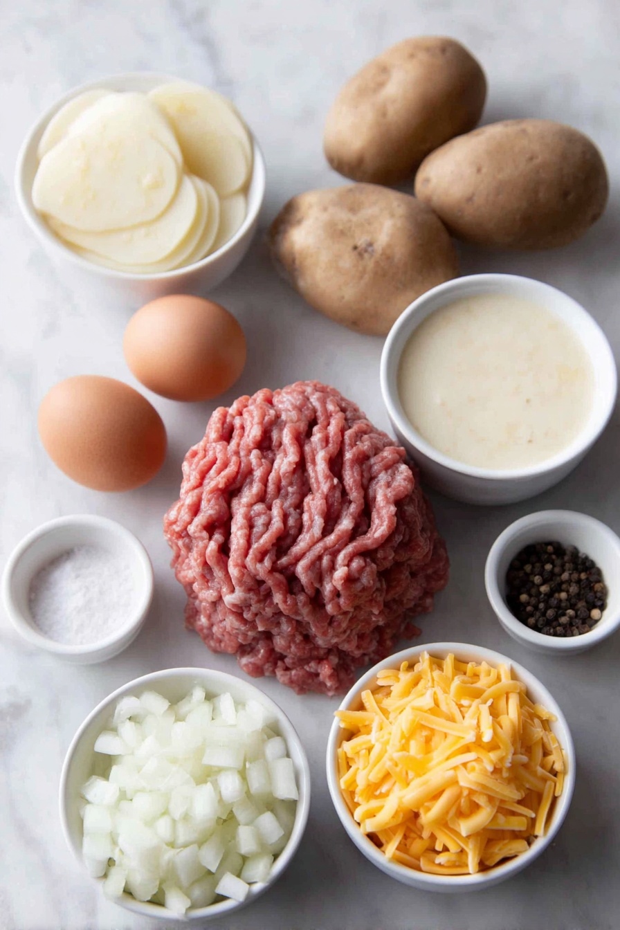 Flat lay of raw ground beef shaped in a loose mound, a small white ceramic bowl filled with diced white onion, a small white ceramic bowl containing minced garlic, two whole brown eggs with clean shells, five medium russet potatoes thinly sliced and fanned out, a small white ceramic bowl with thick cream of mushroom soup, a small white ceramic bowl with thick cream of chicken soup, a small white ceramic bowl holding pale evaporated milk, a small white ceramic bowl with fresh whole milk, a small white ceramic bowl piled with shredded cheddar cheese, a small white ceramic bowl with coarse salt, a small white ceramic bowl with whole black peppercorns, all arranged symmetrically and proportionately with perfect balance, placed on a clean white marble surface, soft natural light, photo taken with an iPhone, professional food photography style, fresh ingredients, white ceramic bowls, no bottles, no duplicates, no utensils, no packaging --ar 2:3 --v 7 --p m7354615311229779997 - Hearty Ground Beef and Potato Casserole, ground beef casserole, potato casserole recipe, comforting dinner ideas, easy ground beef dishes
