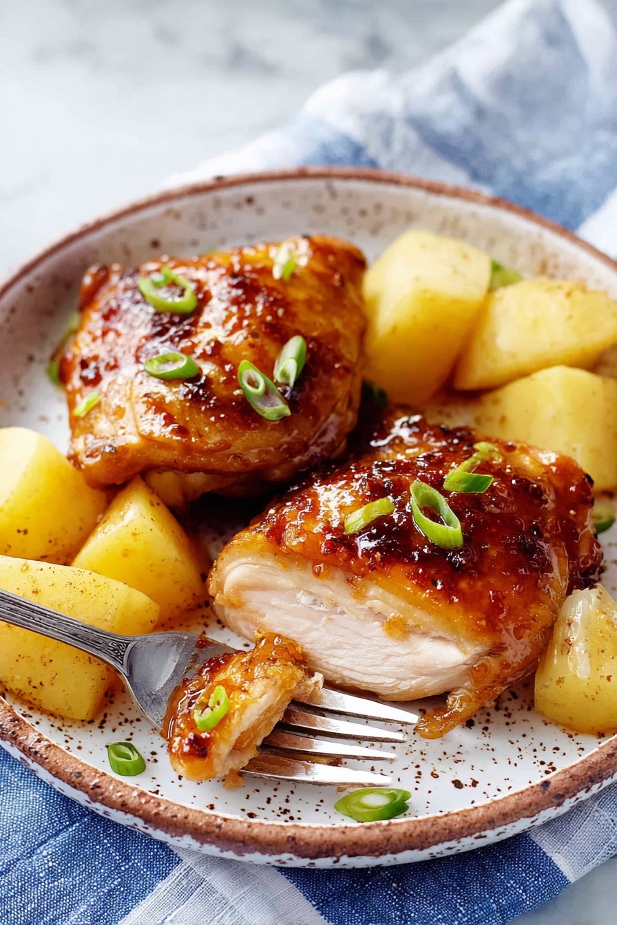 Two pieces of golden brown chicken thighs with a shiny, slightly sticky glaze sit on a round white plate with brown speckles. The chicken is sprinkled with small green onion slices and placed around them are several roasted yellow potato chunks with a soft texture. In front, a piece of chicken is cut to show its moist, white inside, pierced by a silver fork resting on the edge of the plate. The plate is set on a white marbled surface with a blue and white striped cloth partly visible beneath. photo taken with an iphone --ar 2:3 --v 7 - Honey Dijon Chicken Thighs, easy chicken dinner, quick chicken recipes, flavorful chicken thighs, weeknight chicken meal