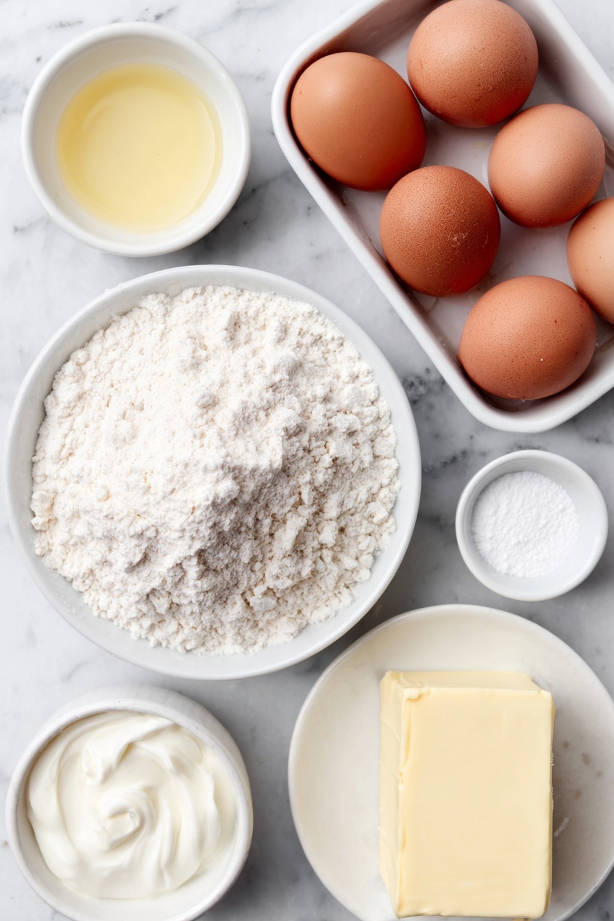 Flat lay of a small mound of all-purpose flour on a white ceramic plate, a small white bowl filled with granulated sugar, a tiny heap of baking soda and baking powder side by side on the plate, a small pinch of kosher salt on the side, a pool of melted unsalted butter on a white ceramic saucer, three whole uncracked brown eggs, a small white bowl with clear vanilla extract, a small white bowl of sour cream, a small white bowl of warm whole milk, a small white bowl holding sifted confectioners sugar, a soft block of unsalted butter at room temperature on a white plate, a small white bowl of heavy cream, all arranged symmetrically with perfect balance and fresh natural appearance, placed on a clean white marble surface, soft natural light, photo taken with an iPhone, professional food photography style, fresh ingredients, white ceramic bowls, no bottles, no duplicates, no utensils, no packaging --ar 2:3 --v 7 --p m7354615311229779997 - Moist Vanilla Cupcakes, fluffy vanilla cupcakes, easy vanilla cupcake recipe, tender vanilla cupcakes, vanilla cupcake baking