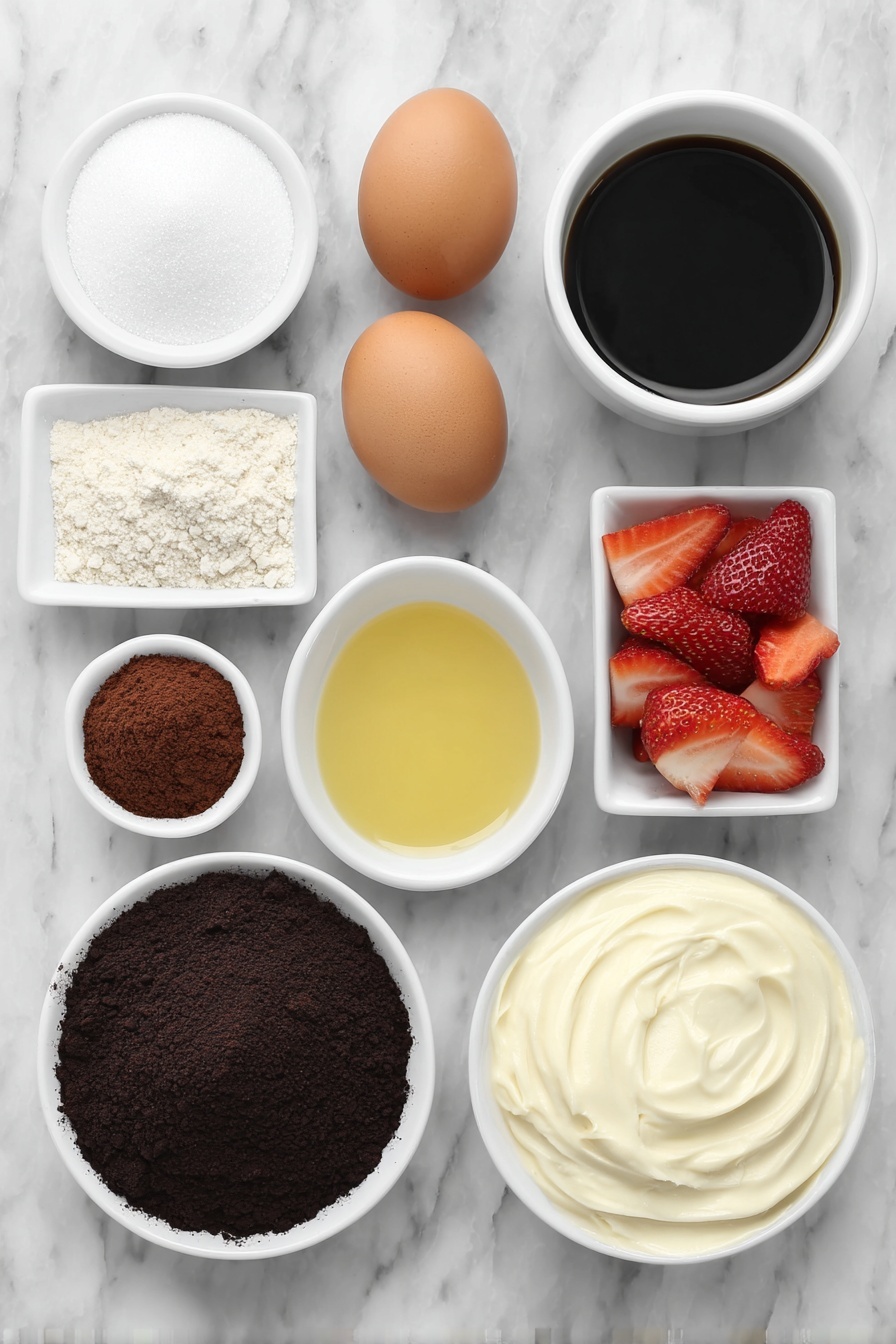 Flat lay of a small pile of fine granulated sugar, a small mound of pale all-purpose flour, a small heap of rich dark unsweetened cocoa powder, a small heap of slightly darker Dutch process cocoa powder, two whole uncracked brown eggs with clean shells, a small white ceramic bowl of smooth creamy buttermilk, a small white ceramic bowl of dark strong black coffee, a small white ceramic bowl of glossy golden vegetable oil, a few fresh red strawberries sliced in halves and quarters, all arranged symmetrically and naturally on a clean white marble surface, soft natural light, photo taken with an iPhone, professional food photography style, fresh ingredients, white ceramic bowls, no bottles, no duplicates, no utensils, no packaging --ar 2:3 --v 7 --p m7354615311229779997 - Chocolate Strawberries Layer Cake, chocolate strawberry cake, layered berry dessert, easy chocolate cake with strawberries, elegant strawberry chocolate cake