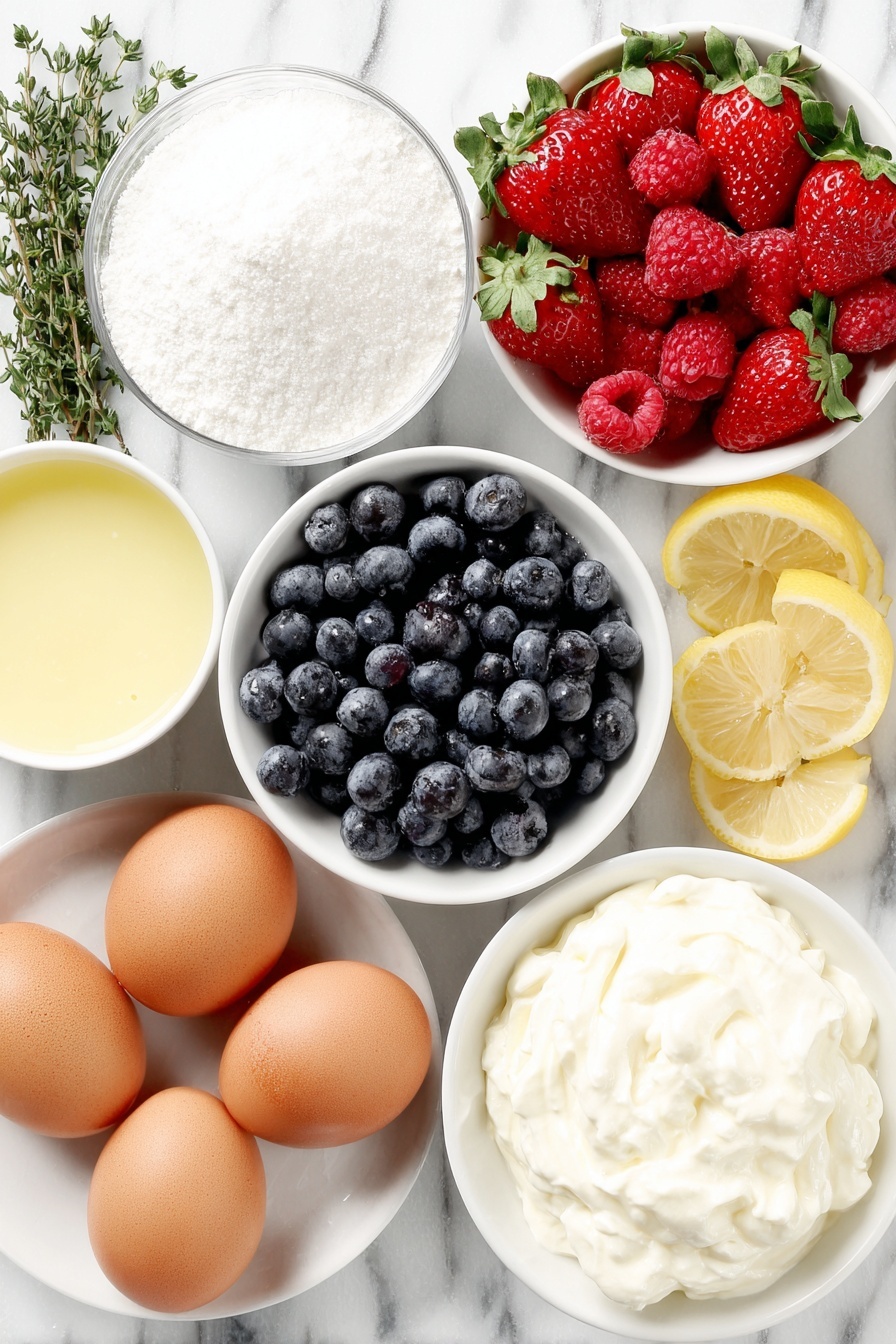 Flat lay of a small white ceramic bowl with powdered gelatin sprinkled over fresh whole milk, a handful of bright red chopped strawberries mixed with plump fresh raspberries and blueberries, a few sprigs of fresh green thyme leaves, a small white bowl of granulated sugar, a simple whole lemon half with a wedge cut out, a small white bowl filled with freshly squeezed lemon juice, a small mound of creamy plain Greek yogurt on a white ceramic plate, a few strips of bright yellow lemon zest arranged neatly on a white plate, and two whole uncracked brown eggs placed symmetrically — all ingredients fresh and natural in realistic proportions, perfectly balanced and symmetrical, placed on a clean white marble surface, soft natural light, photo taken with an iPhone, professional food photography style, fresh ingredients, white ceramic bowls, no bottles, no duplicates, no utensils, no packaging --ar 2:3 --v 7 --p m7354615311229779997 - Greek Yogurt Panna Cotta with Thyme Berries, Greek Yogurt Panna Cotta, Healthy Italian Desserts, Easy Summer Dessert Recipes, Elegant Berry Panna Cotta