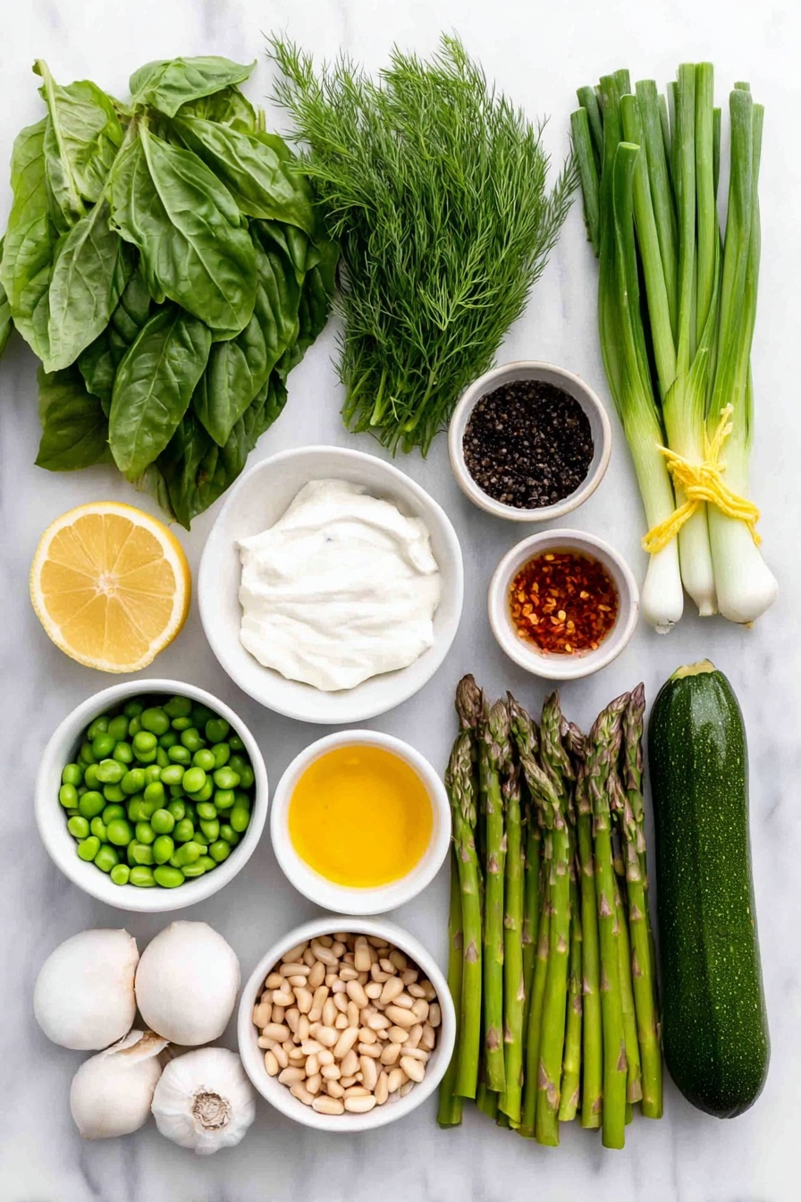 Flat lay of a small pile of uncooked radiatore pasta, a large bunch of fresh basil with vibrant green leaves, a handful of fresh tarragon leaves, delicate sprigs of fresh dill, a few sprigs each of fresh parsley, mint, cilantro, and chives, two fresh scallions showing only their green tops, half of a ripe avocado with smooth skin and creamy flesh exposed, two whole uncracked garlic cloves, a small white ceramic bowl with creamy full-fat Greek yogurt, a small white ceramic bowl with thick mayonnaise, a small white ceramic bowl holding bright lemon juice, a small white ceramic bowl containing deep red wine vinegar, a small white ceramic bowl with smooth Dijon mustard, a small white ceramic bowl with golden olive oil, a large fresh zucchini quartered lengthwise showing pale green flesh and seeds, a bunch of fresh asparagus cut into one-inch sections with bright green tips, a small pile of petite green peas, a small white ceramic bowl holding toasted pine nuts, a fresh lemon with bright yellow zest curls artistically placed, perfectly round burrata cheese ball, and a white ceramic bowl with a pinch of red chili flakes, all arranged with perfect symmetry and balanced proportions, placed on a clean white marble surface, soft natural light, photo taken with an iPhone, professional food photography style, fresh ingredients, white ceramic bowls, no bottles, no duplicates, no utensils, no packaging --ar 2:3 --v 7 --p m7354615311229779997 - Green Goddess Pasta Salad, herb pasta salad, healthy summer pasta, avocado pasta salad, quick veggie pasta