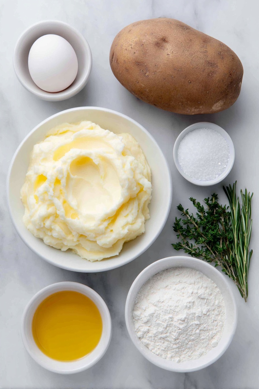 Flat lay of a whole russet potato with its rough brown skin, a small mound of creamy mashed potatoes, a single whole brown egg with a clean shell, a small white ceramic bowl with golden melted butter, a small white ceramic bowl filled with clear potato cooking water, a tiny white ceramic bowl holding light golden honey, a small white ceramic bowl containing granulated white sugar, a small white ceramic bowl with fine salt crystals, a small white ceramic bowl filled with traditional active dry yeast granules, a neat pile of all-purpose flour, and a small cluster of fresh mixed herbs including thyme, sage, chives, and rosemary all arranged with perfect symmetry, placed on a clean white marble surface, soft natural light, photo taken with an iPhone, professional food photography style, fresh ingredients, white ceramic bowls, no bottles, no duplicates, no utensils, no packaging --ar 2:3 --v 7 --p m7354615311229779997 - Herbed Potato Roll, soft potato rolls with herbs, homemade herbed bread rolls, fluffy potato bun recipe, fragrant herb potato bread
