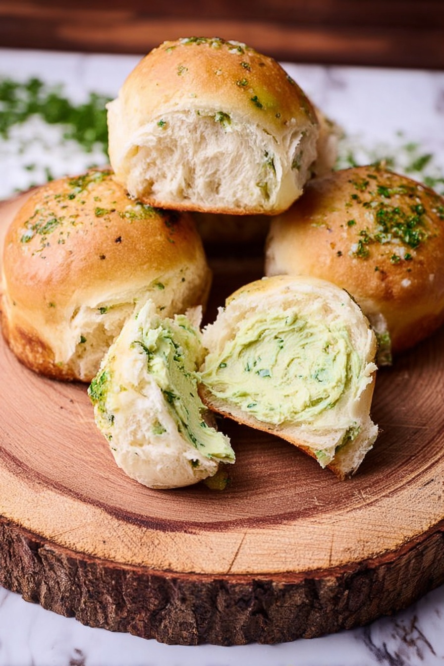 The image shows a wooden round board with four soft bread rolls placed on it. The bread rolls have a golden brown top with green herb bits visible inside the bread. One bread roll is torn open showing two layers inside: a fluffy light beige bread layer and a creamy pale green spread layer on the surface of the bread. The wooden board has visible tree bark on the edges, and the background is a white marbled texture. Photo taken with an iphone --ar 2:3 --v 7 - Herbed Potato Roll, soft potato rolls with herbs, homemade herbed bread rolls, fluffy potato bun recipe, fragrant herb potato bread