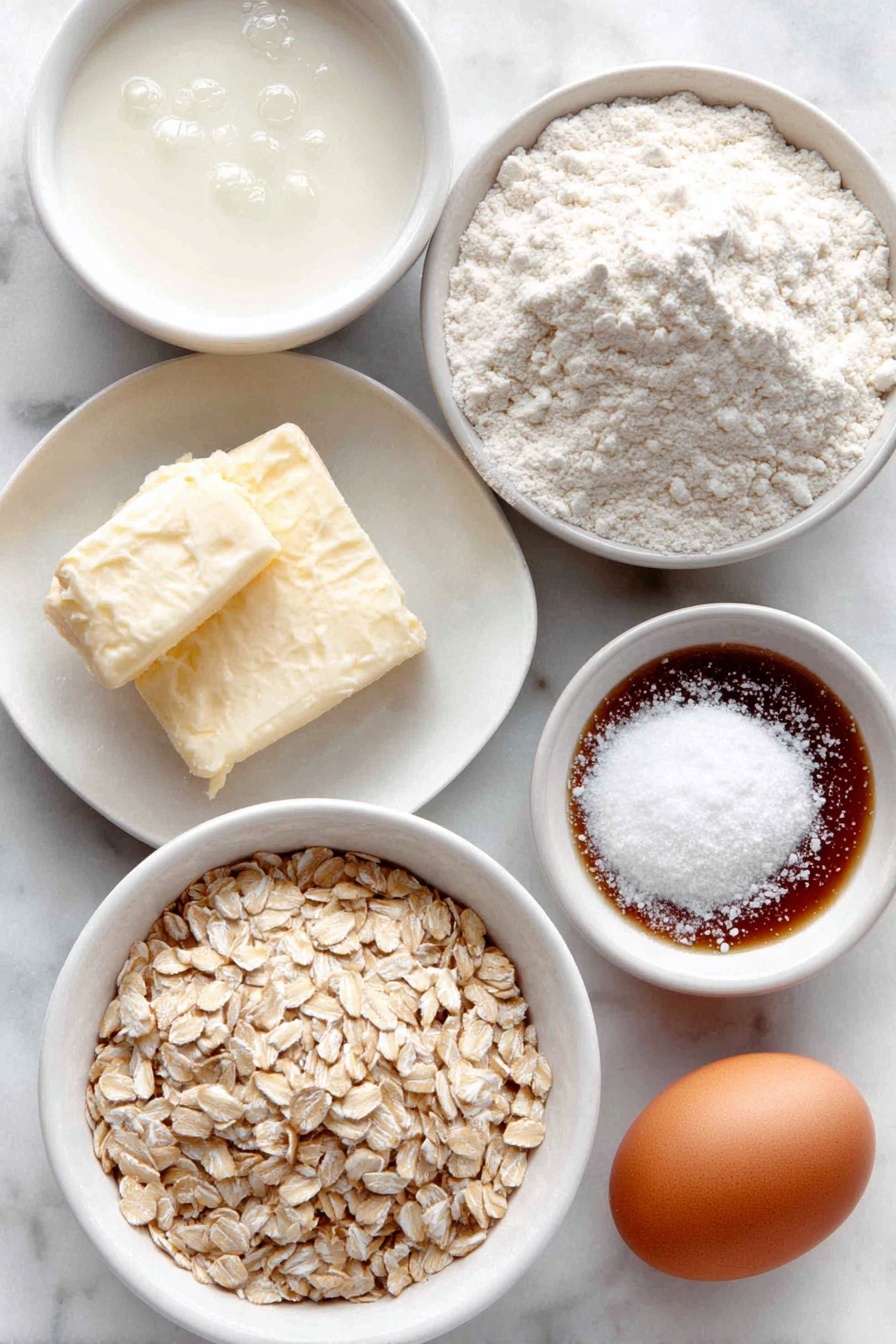 Flat lay of a small white ceramic bowl of warm water, a small white ceramic bowl of warm whole milk, a small white ceramic bowl of golden honey, a few tablespoons of softened unsalted butter on a white ceramic plate, a small wedge of fresh lemon, a mound of whole wheat flour on a white ceramic plate, a small white ceramic bowl of fine salt crystals, a few teaspoons of active dry yeast granules on a white ceramic plate, one whole uncracked brown egg, a small white ceramic bowl of whole oats placed symmetrically on a clean white marble surface, soft natural light, photo taken with an iPhone, professional food photography style, fresh ingredients, white ceramic bowls, no bottles, no duplicates, no utensils, no packaging --ar 2:3 --v 7 --p m7354615311229779997 - Whole Wheat Bread, healthy homemade bread, soft whole wheat loaf, easy bread baking, nutritious bread recipe