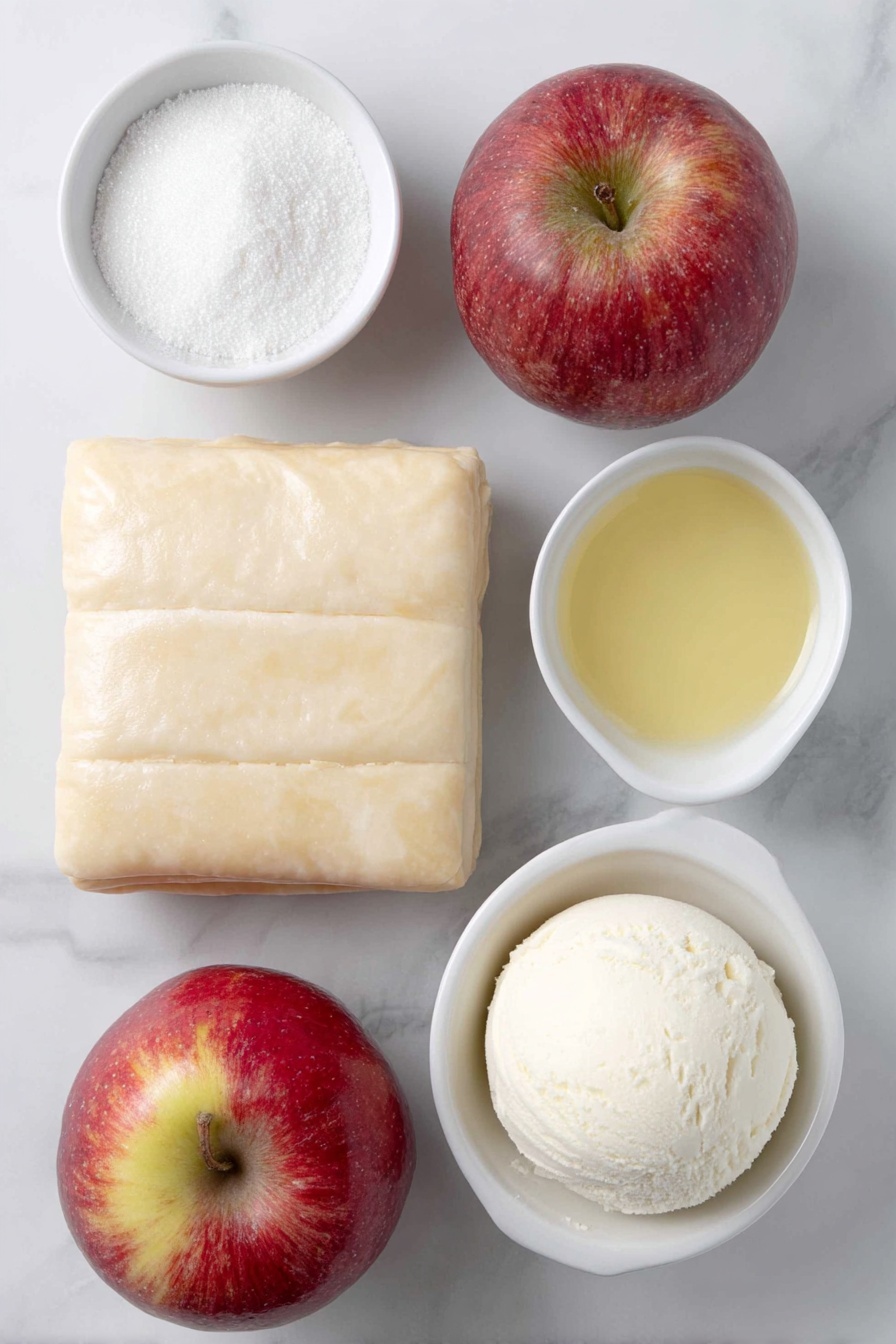 Flat lay of a barely thawed square sheet of golden butter puff pastry, a few teaspoons of fine caster sugar in a small white ceramic bowl, two whole large Gala apples with red and yellow skin, one peeled and halved apple showing its smooth white interior and core removed, melted golden butter in a small white ceramic bowl, a small white ceramic bowl filled with fine white powdered icing sugar, and a scoop of creamy vanilla ice cream softly rounded on a simple white ceramic dish, all arranged symmetrically and balanced, placed on a clean white marble surface, soft natural light, photo taken with an iPhone, professional food photography style, fresh ingredients, white ceramic bowls, no bottles, no duplicates, no utensils, no packaging --ar 2:3 --v 7 --p m7354615311229779997 - French Apple Tart with Puff Pastry, apple tart recipes, French dessert ideas, how to make apple tart, easy apple tart dessert