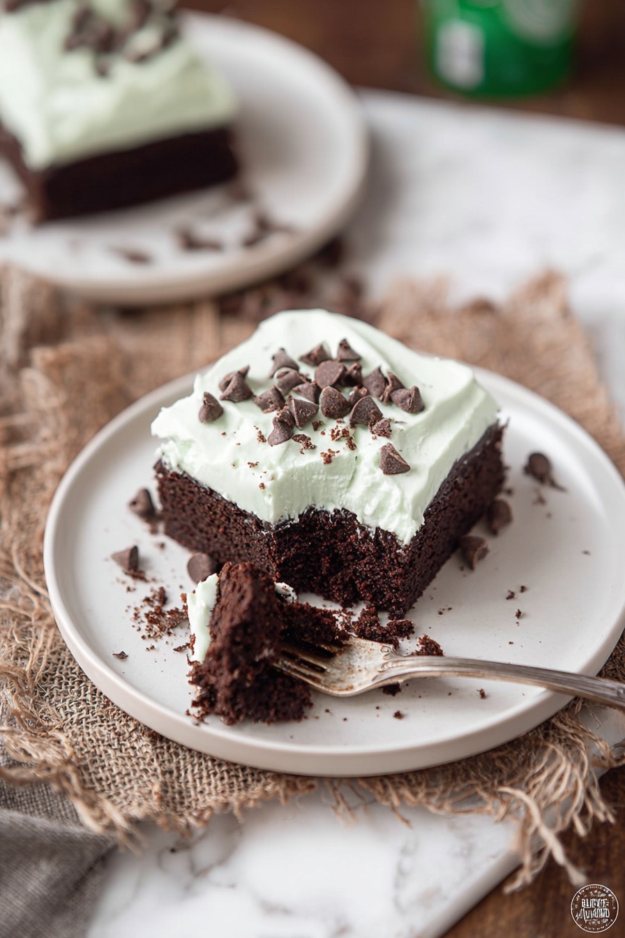 A single square piece of rich, dark brown chocolate cake sits on a white plate, topped with a thick layer of light pastel green frosting that looks smooth and creamy. Small pieces of chocolate chips are sprinkled evenly over the top. A fork holds a bite-sized piece of the cake with frosting, positioned above the plate with some crumbs scattered around, showing the soft and moist texture of the cake. The plate rests on a rustic mix of brown fabric layers, all placed on a white marbled surface. In the background, another piece of the same cake is visible on a white plate, slightly blurred. Photo taken with an iphone --ar 2:3 --v 7 - Mint Chocolate Poke Cake, mint chocolate dessert, easy poke cake, chocolate mint cake, no-bake mint cake