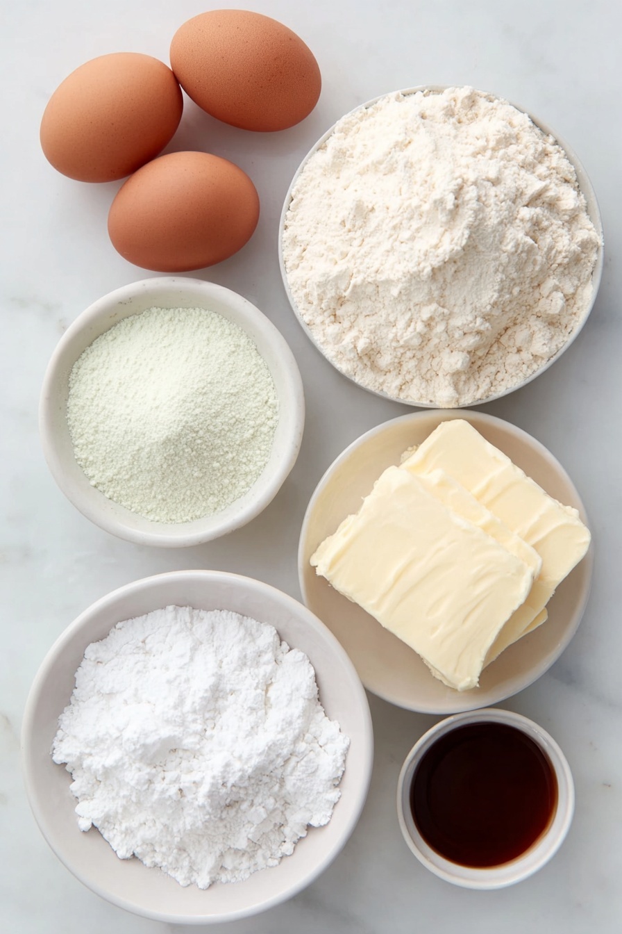 Flat lay of four whole uncracked brown eggs, a small mound of pale green matcha powder, a moderate pile of white all-purpose flour, a small heap of fine white cornstarch, a pinch of white baking powder, a few crystals of cream of tartar powder, a small pile of granulated white sugar, a chunk of creamy salted butter, a small white ceramic bowl filled with whole milk, and a small white ceramic bowl with clear vanilla extract placed neatly in perfect symmetry on a clean white marble surface, soft natural light, photo taken with an iPhone, professional food photography style, fresh ingredients, white ceramic bowls, no bottles, no duplicates, no utensils, no packaging --ar 2:3 --v 7 --p m7354615311229779997 - Matcha Pound Cake, green tea pound cake, matcha green tea dessert, Japanese matcha cake, buttery matcha cake