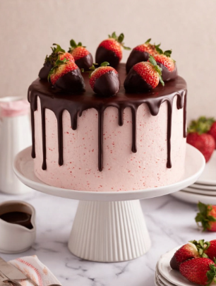 This is a tall, round cake with three layers covered in smooth, pale pink frosting with tiny red specks. On top, there is a thick, shiny dark chocolate layer dripping down the sides in uneven, long drips. On the very top, there are whole and halved fresh strawberries evenly placed around the edge, some dipped in the same dark chocolate. The cake sits on a white cake stand with a ribbed base, set on a white marbled surface. In the background, there are white plates stacked neatly with forks on top, some scattered fresh strawberries, and a small white pitcher with dark chocolate sauce dripping down its side. The photo taken with an iphone --ar 2:3 --v 7 - Chocolate Strawberries Layer Cake, chocolate strawberry cake, layered berry dessert, easy chocolate cake with strawberries, elegant strawberry chocolate cake