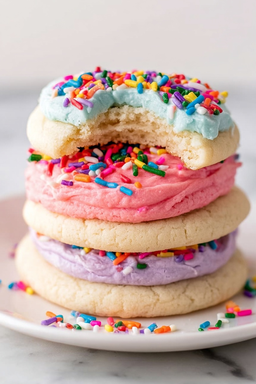 A stack of three round sugar cookies with soft, slightly cracked pale beige surfaces sits on a white plate. The bottom layer is a cookie topped with light purple smooth frosting scattered with colorful sprinkles. The middle layer is another cookie with bright pink frosting and more sprinkles. The top layer is a cookie with light blue frosting, also topped with sprinkles, and has a bite missing from the side, showing the soft inside texture. Some sprinkles are scattered on the plate and the white marbled surface beneath. Photo taken with an iphone --ar 2:3 --v 7 - Frosted Sugar Cookies, sugar cookies with frosting, soft sugar cookie recipe, easy frosted cookies, vanilla glazed sugar cookies