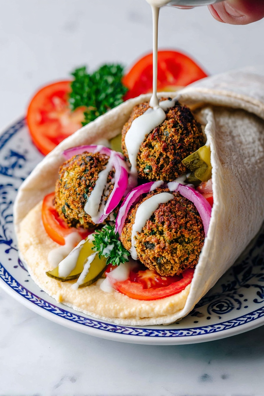 A soft white wrap holds four crispy falafel balls with a rough, golden-brown texture and green herbs visible inside. Below the falafel, there is a layer of smooth, light cream hummus spread on the wrap. On top of the hummus, there are bright red tomato slices, purple pickled onions, and a few green pickle slices, adding color and texture. A woman's hand is pouring a creamy white sauce in thin lines over the falafel. The wrap is served on a white plate with blue patterns, and behind the wrap are extra red tomato slices and green parsley leaves. The whole scene is set against a white marbled surface. photo taken with an iphone --ar 2:3 --v 7 - Crispy Falafel Wrap with Fresh Veggies, Falafel Wrap Recipe, Healthy Falafel Wrap, Vegan Falafel Wrap, Fresh Veggie Wrap Ideas