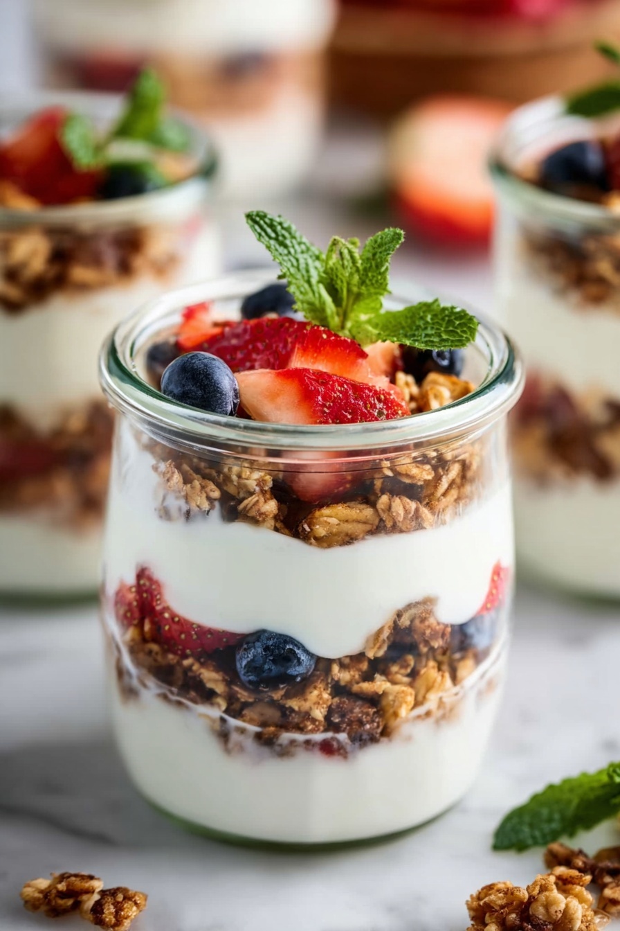 The image shows a clear glass jar filled with three layers: the bottom layer is white yogurt, followed by a middle layer of mixed berries and granola with brown and red colors, and the top layer is a mix of granola, red strawberries, and blue blueberries, garnished with fresh green mint leaves. The jar sits on a white marbled surface with other similar jars blurred in the background. Photo taken with an iphone --ar 2:3 --v 7 - Greek Yogurt Parfait with Berries and Granola, healthy breakfast parfait, easy fruit yogurt snack, quick nutritious breakfast, layered yogurt with berries