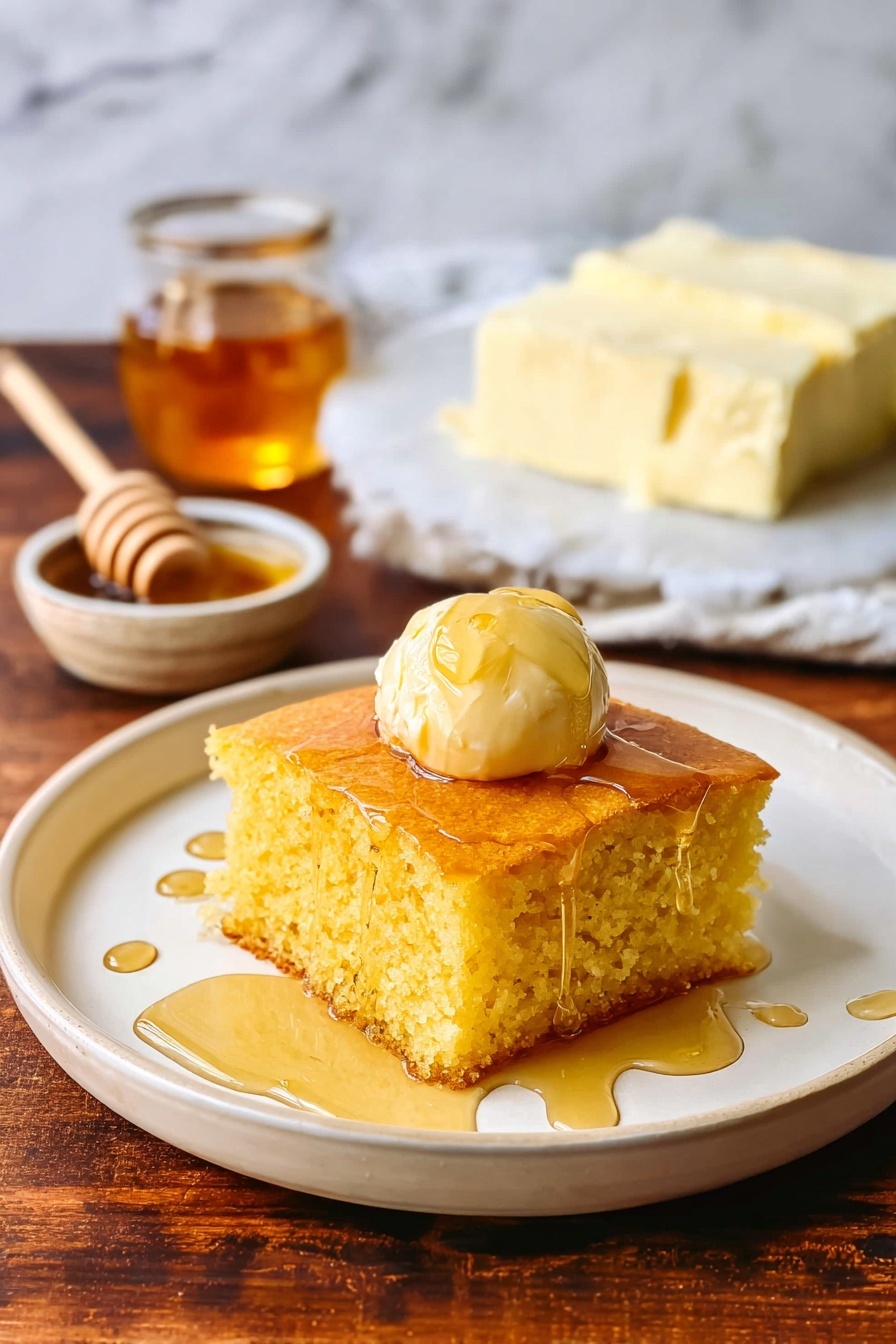 A square piece of golden-yellow cornbread sits in the center of a white plate, showing a soft and textured crumb. On top of the cornbread is a round scoop of pale yellow butter, which is starting to melt slightly and drip over the sides. Honey syrup glistens on the surface of the cornbread and drips onto the plate around it. Behind the plate, there is a small jar of honey with a wooden honey dipper, a small bowl filled with more honey, and a white plate with two large slabs of butter on a white marbled surface. Photo taken with an iphone --ar 2:3 --v 7 - Super Moist Homemade Cornbread, moist cornbread recipe, easy homemade cornbread, buttery cornbread, sweet and savory cornbread
