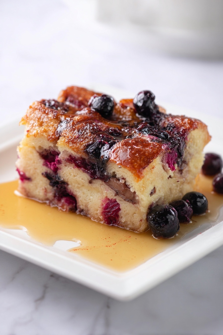 A sticky, thick square piece of bread pudding sits in the center of a white square plate on a white marbled surface. It has three visible layers: the top is golden brown with a slightly crispy, caramelized texture; below that, a soft, creamy layer mixed with dark purple blueberries is seen; the bottom layer is pale and dense, like soaked bread. Some blueberries peek out on top and sides, with a few scattered around the plate. Light brown syrup lightly pools around the edges, adding a glossy shine. Photo taken with an iphone --ar 2:3 --v 7 - Berry Baked French Toast, baked French toast with berries, berry stuffed French toast, breakfast with berries, easy baked French toast
