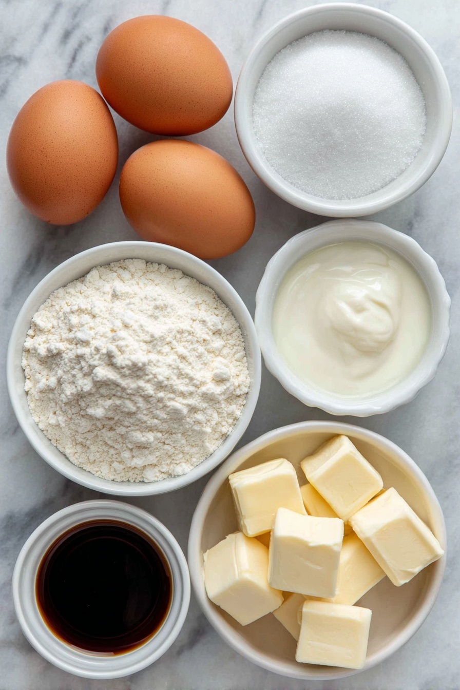 Flat lay of two whole brown eggs with clean shells, a small white ceramic bowl of granulated sugar, a small white ceramic bowl of cubed cultured butter, a small white ceramic bowl of fresh milk, a small white ceramic bowl of clear vanilla extract, a small white ceramic bowl of all purpose flour, a small white ceramic bowl of baking powder, and a small white ceramic bowl of fine salt, all arranged in perfect symmetry, placed on a clean white marble surface, soft natural light, photo taken with an iPhone, professional food photography style, fresh ingredients, white ceramic bowls, no bottles, no duplicates, no utensils, no packaging --ar 2:3 --v 7 --p m7354615311229779997 - Fluffy Belgian Waffles, Belgian Waffles, easy waffle recipe, homemade Belgian waffles, breakfast waffle ideas
