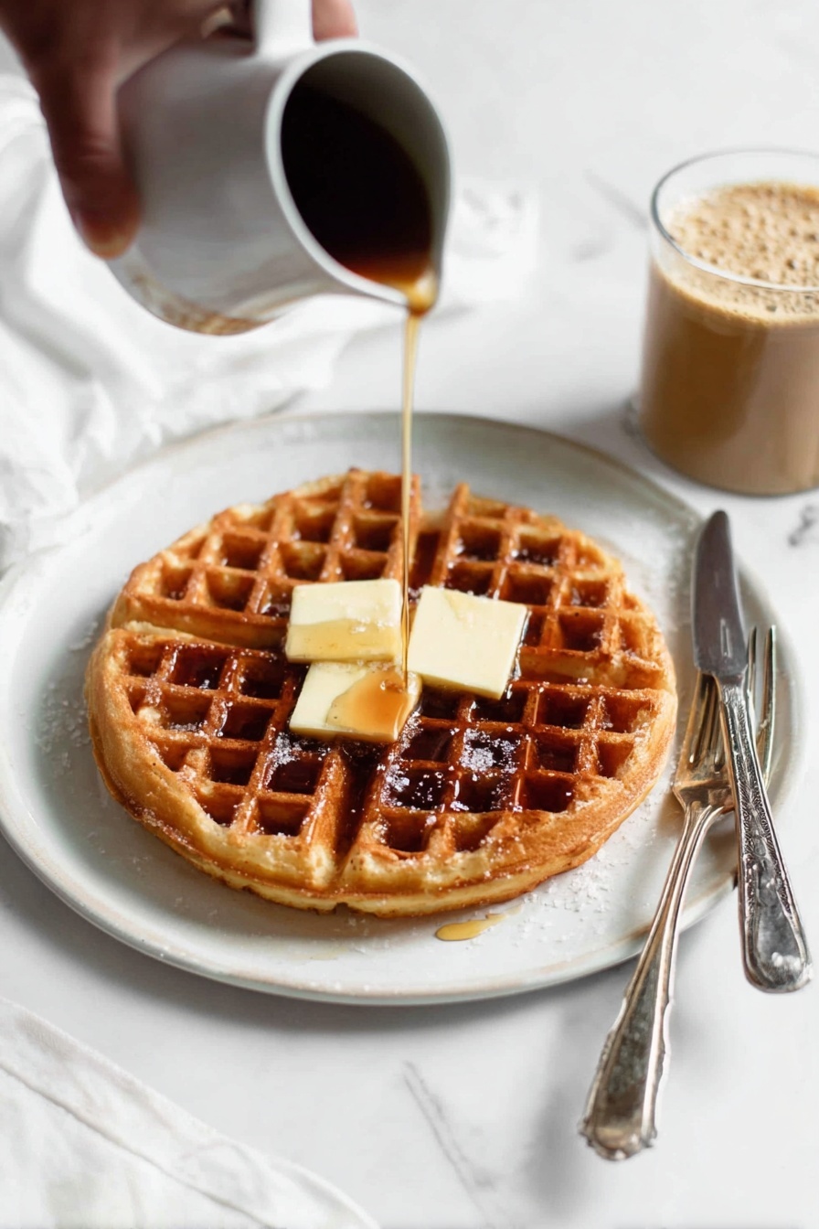 A golden brown waffle with a grid pattern sits in the center of a white plate, topped with two square slices of pale yellow butter stacked on top of each other. Dark amber syrup is being poured over the waffle from a small white pitcher held by a woman's hand, filling the waffle’s square pockets and slightly spilling onto the plate. To the right of the plate, there is a vintage silver fork and knife resting side by side. In the background to the right, there is a clear glass mug filled with light brown coffee with foam visible on top. The whole scene is set on a white marbled surface with a soft, white cloth partially visible in the upper left corner. photo taken with an iphone --ar 2:3 --v 7 - Fluffy Belgian Waffles, Belgian Waffles, easy waffle recipe, homemade Belgian waffles, breakfast waffle ideas